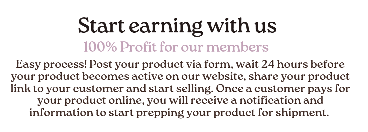 Text-based promotional message about starting to earn profits through selling products online, mentioning a simple process involving posting products via a form, waiting 24 hours, sharing links, and receiving notifications to ship products.