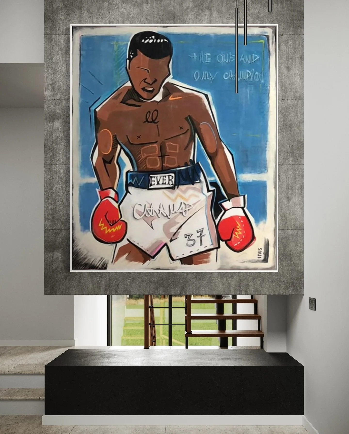 &bdquo;Thrilla in Manila&ldquo;  185 x 155 cm.  Mixed Media on Canvas
exhibited at this years Sundowner Event by @emils.garage 
-
-
Muhammad Ali, born Cassius Clay, was a legendary American boxer and cultural icon known for his remarkable skills in t