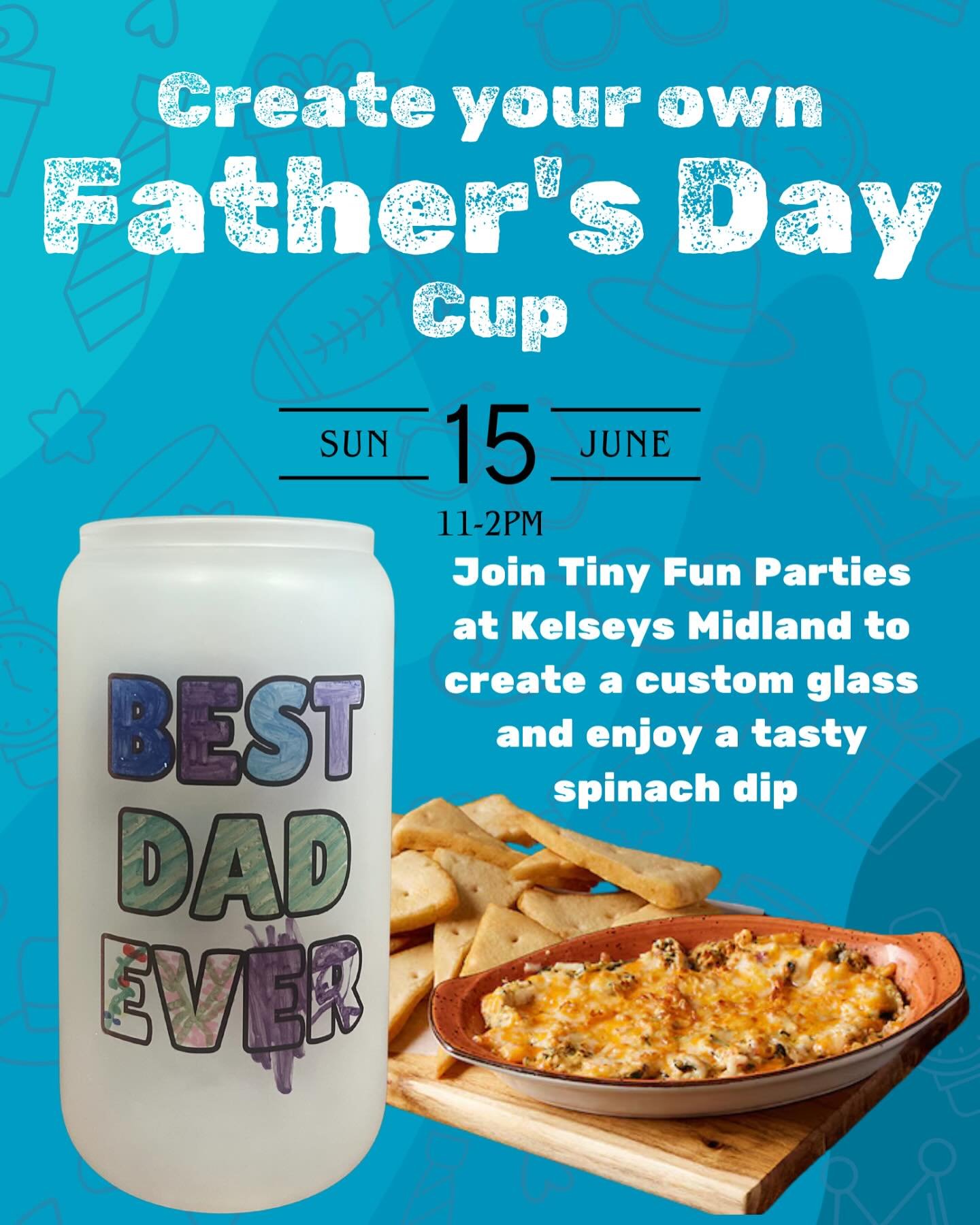 Create the perfect Father&rsquo;s Day Gift at Kelsey&rsquo;s Midland this Father&rsquo;s Day. Join Tiny Fun Parties and make a custom 16oz glass tumbler. Choose from our colouring page style templates or go freehand and draw your own masterpiece.
Cel