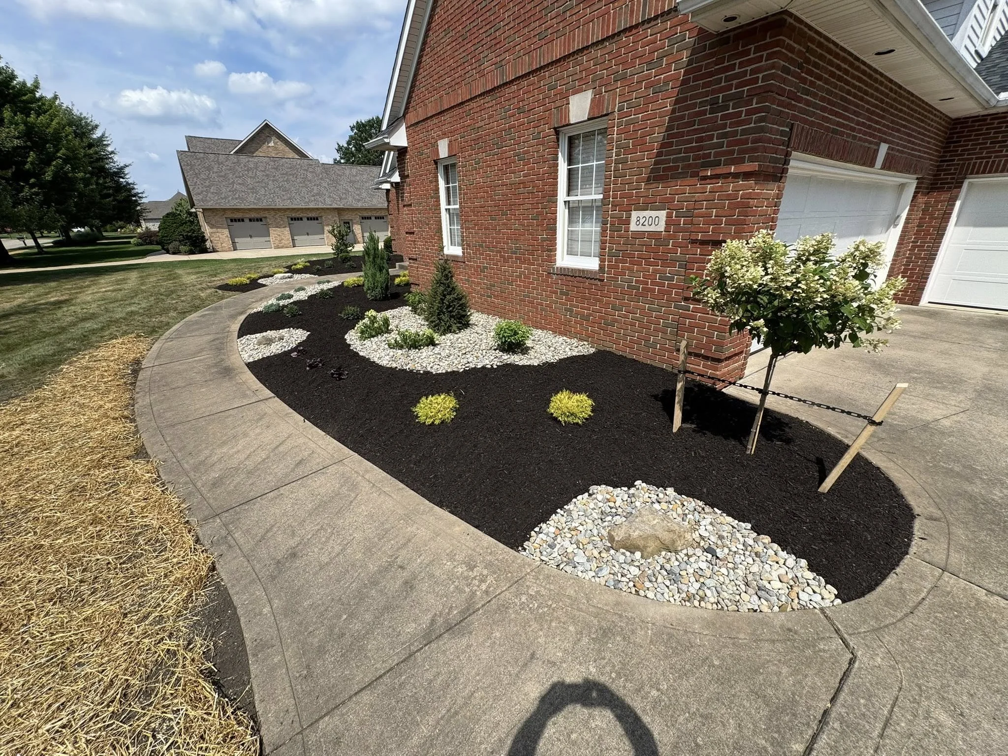 A landscaped front yard with a curved concrete sidewalk, small shrubs, white and yellow rocks, and a bush in bloom next to a brick house.