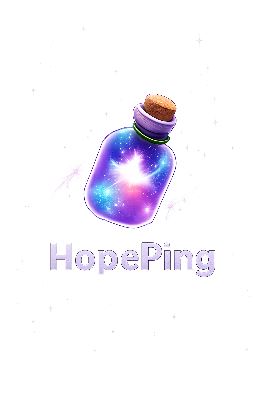 A digital illustration of a bottle with a galaxy inside, glowing with bright stars and nebulae, with the word "HopePing" written below in purple text.