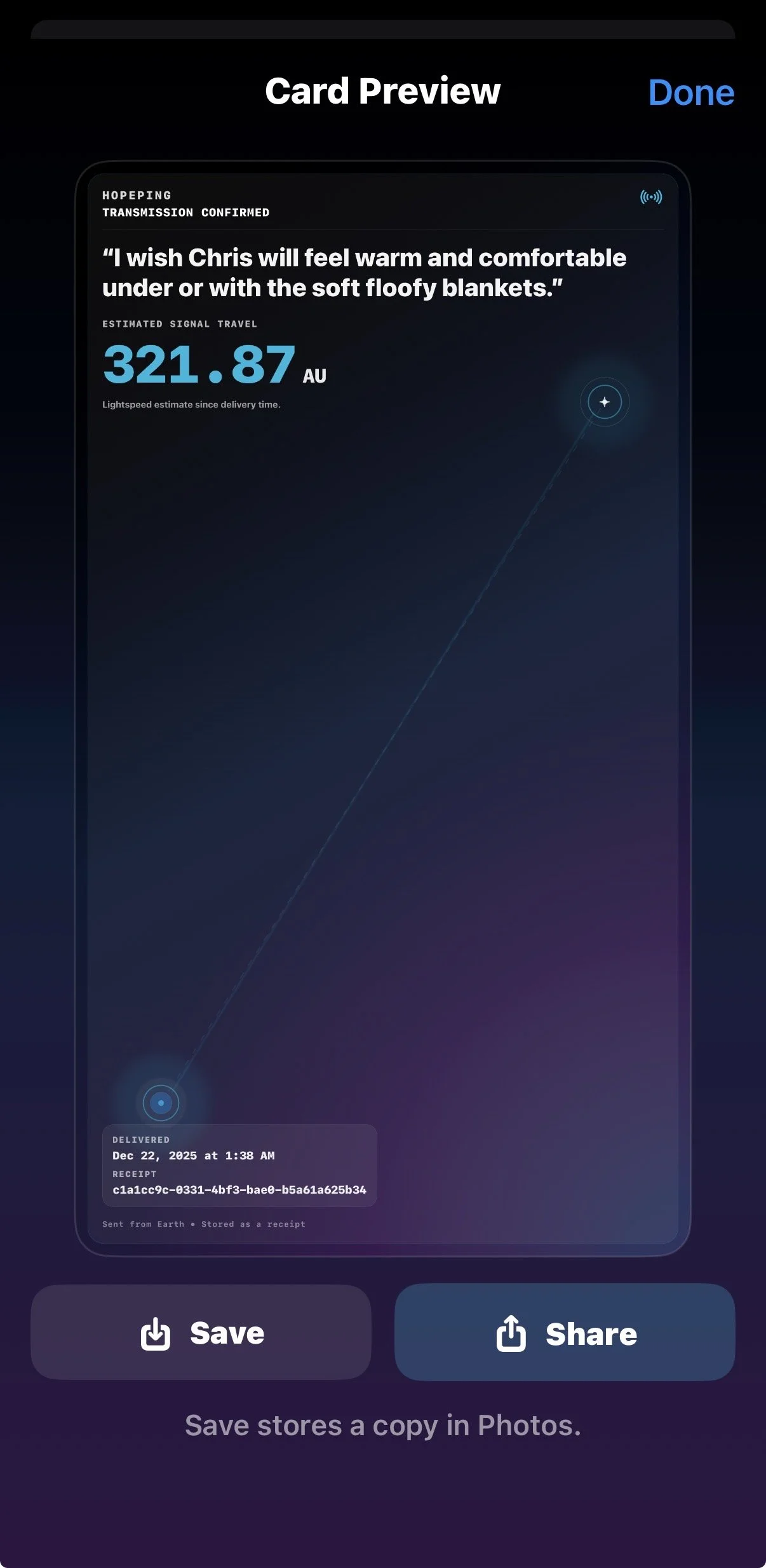 A digital screenshot of a mobile app displaying a virtual credit card with the message, `I wish Chris will feel warm and comfortable under or with the soft floofy blankets`, and a signal estimate of 321.87 AU, along with save and share options at the bottom.