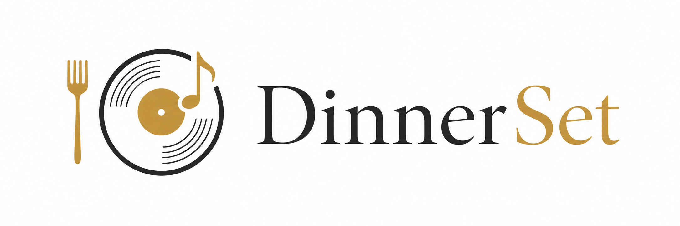 Graphic logo with a gold fork on the left, a black vinyl record with a musical note on top in the center, and the words 'Dinner Set' in black and gold text on the right.