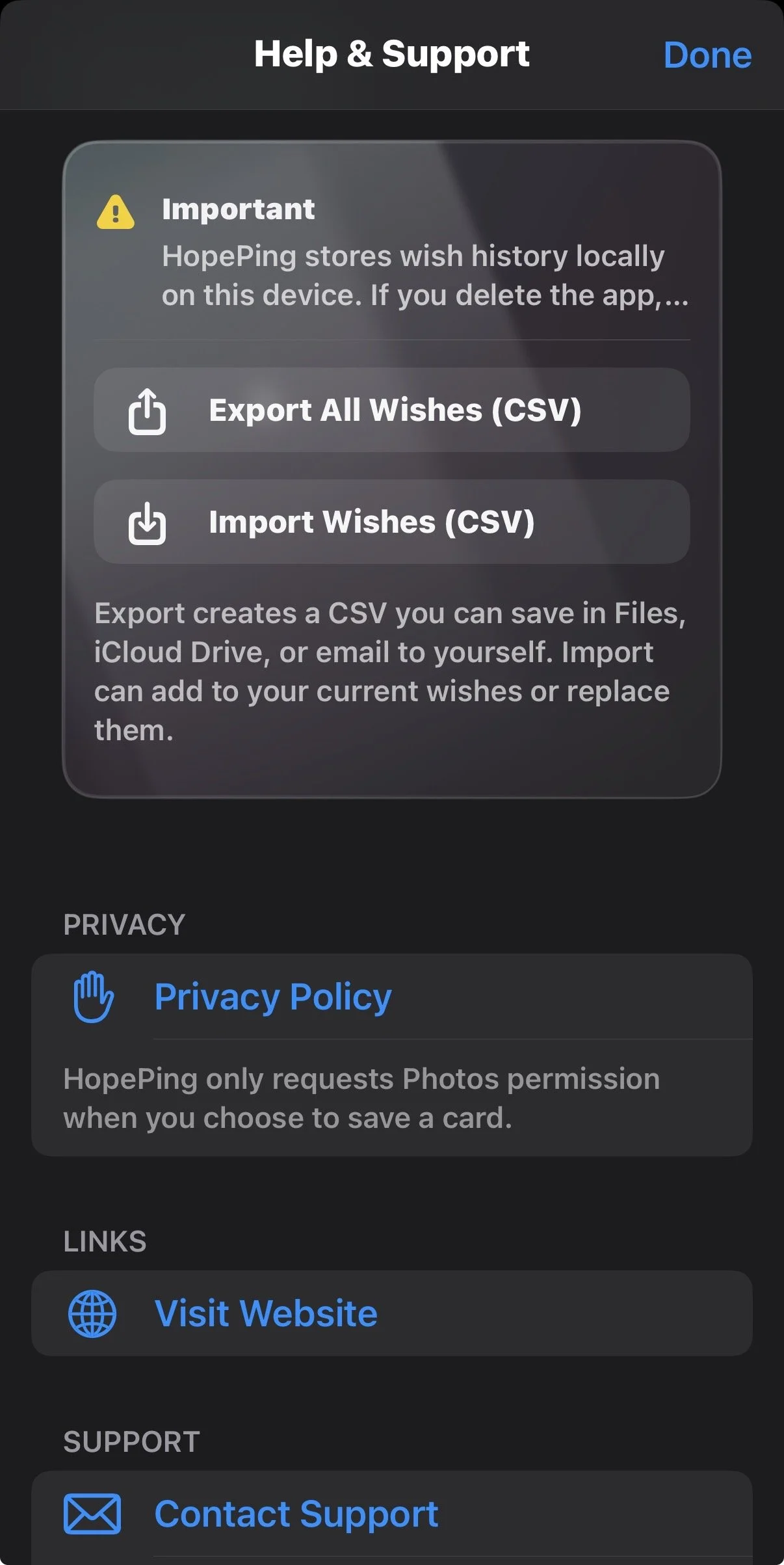 Screenshot of a mobile app's Help & Support page with options to export or import wish lists as CSV files, and links for privacy policy, visiting website, and contacting support.