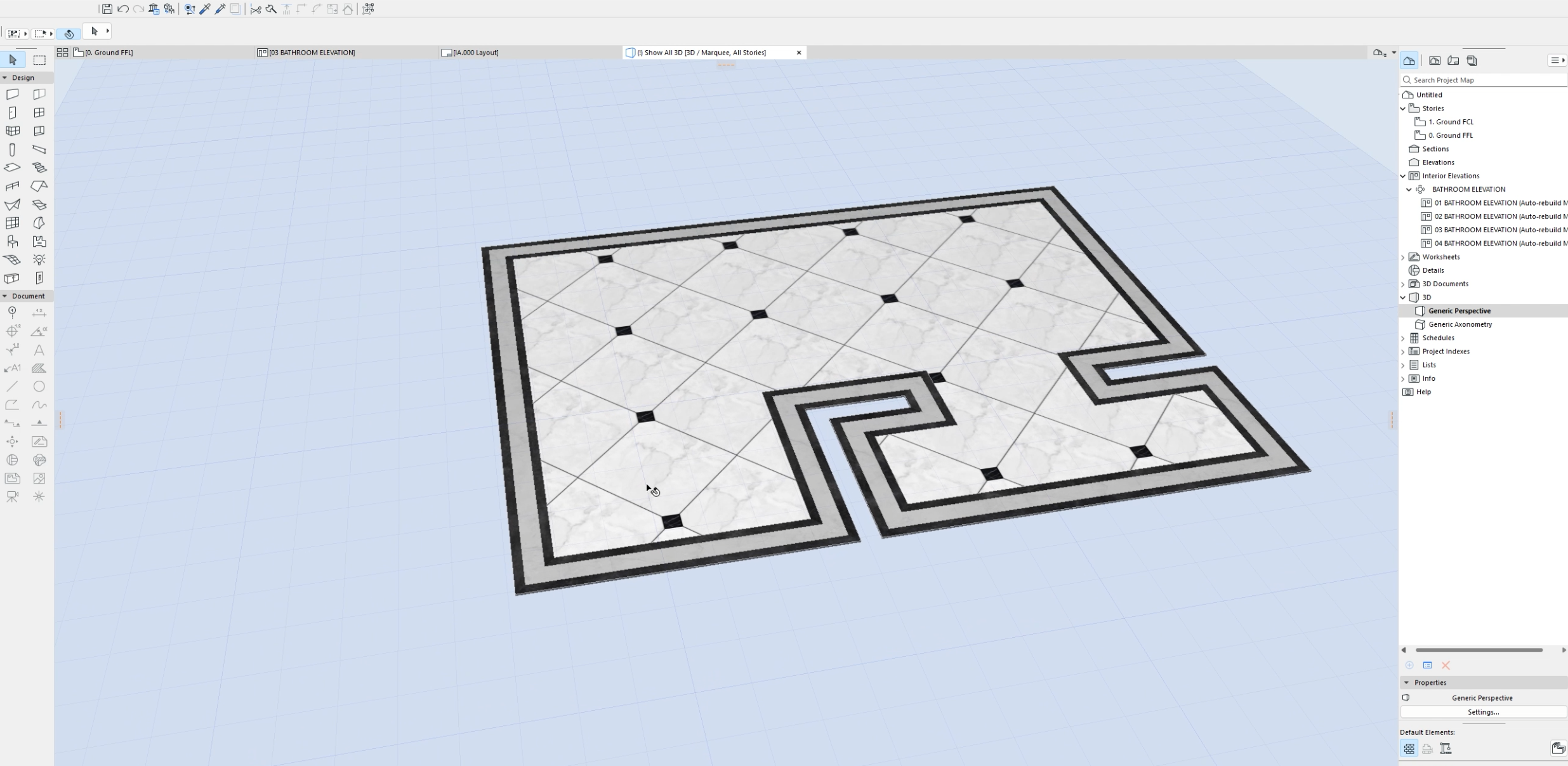 3D digital design of a marble tile floor with black border and decorative pattern.