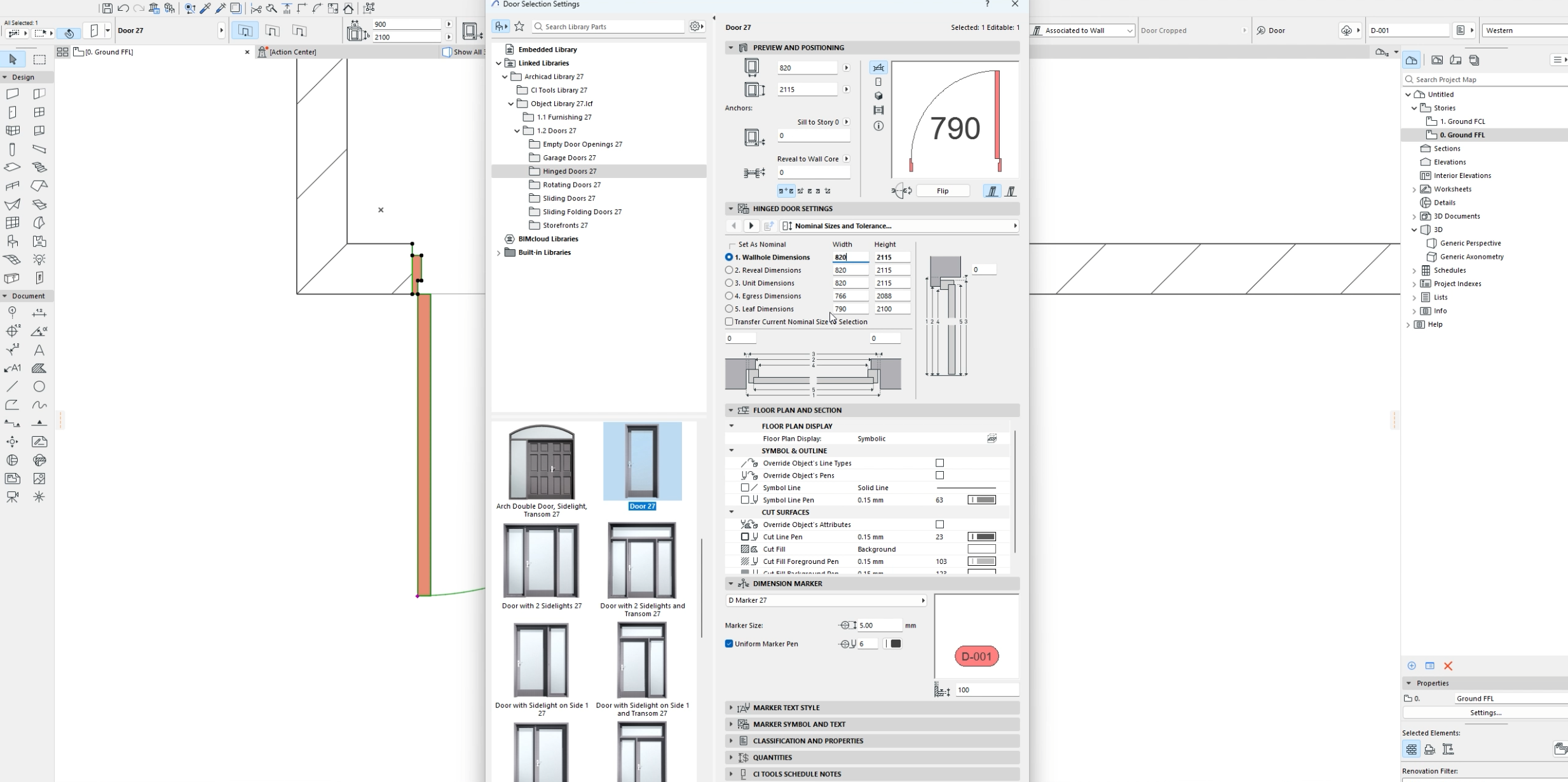 Screenshot of architectural design software interface showing door selection and customization options, including hinge and dimension settings, with various door style thumbnails at the bottom.