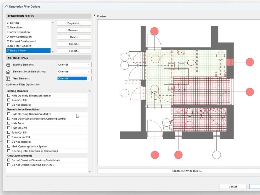 Screenshot of a software interface showing renovation filter options on the left and a building floor plan on the right, with areas marked for demolition and construction.