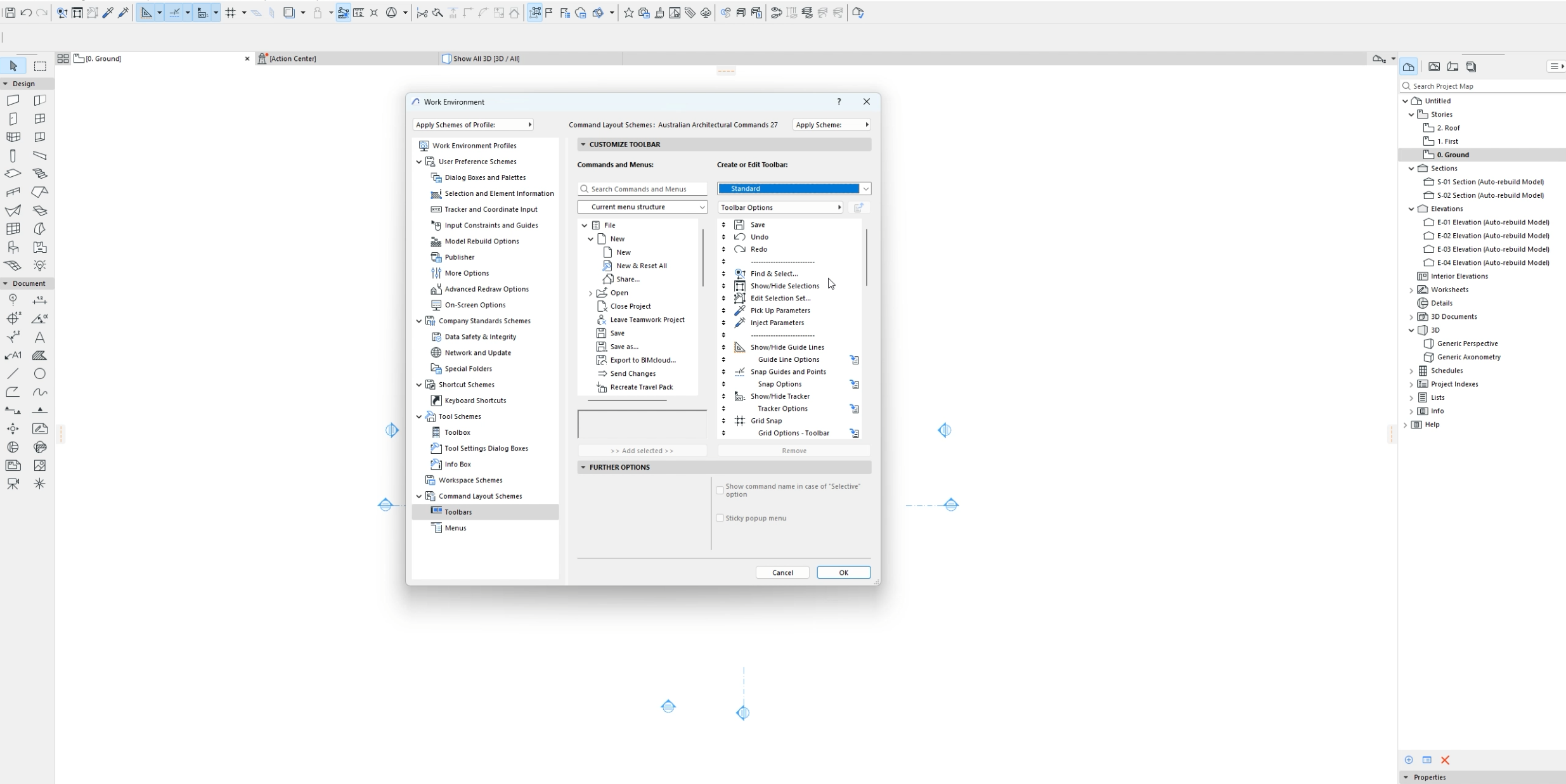 Software interface showing settings for customizing a toolbar in architectural design software.