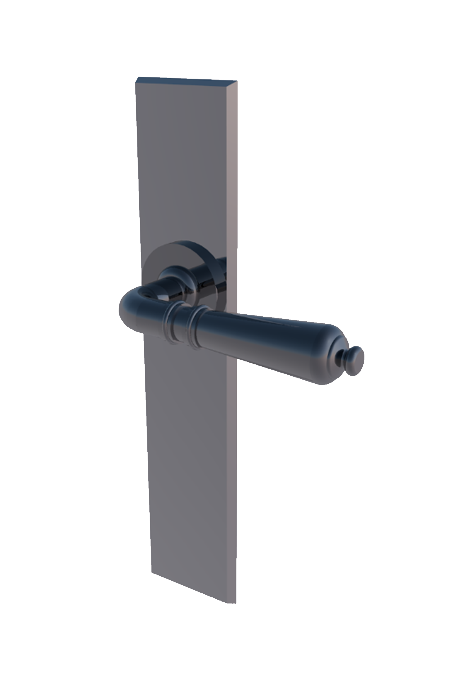 A dark-colored door handle with a latch mechanism attached to a rectangular door plate.