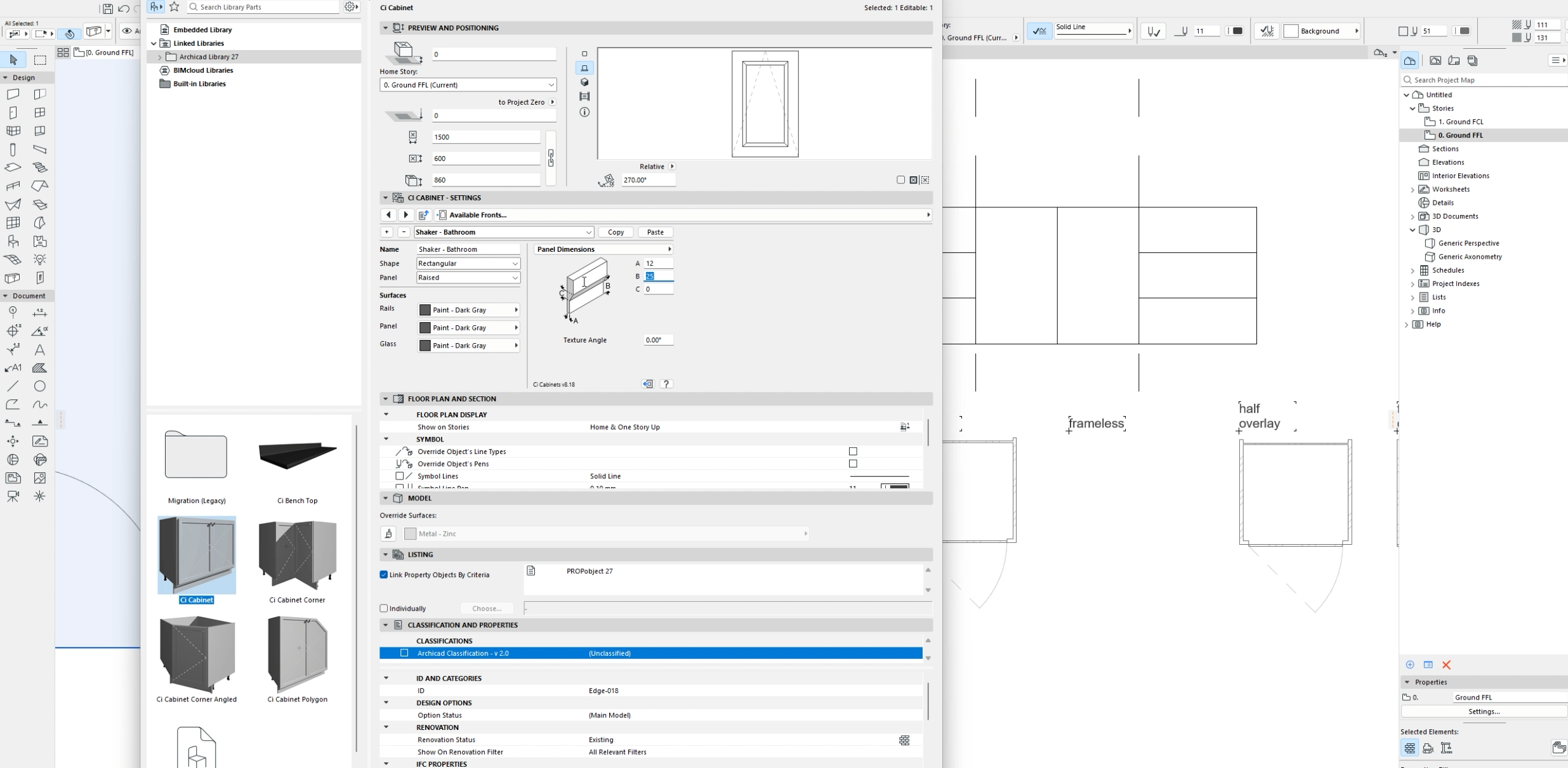Screenshot of architectural design software showing cabinet and furniture options, including details of a shaker bathroom cabinet with dark gray finish, panel dimensions, and customization settings.