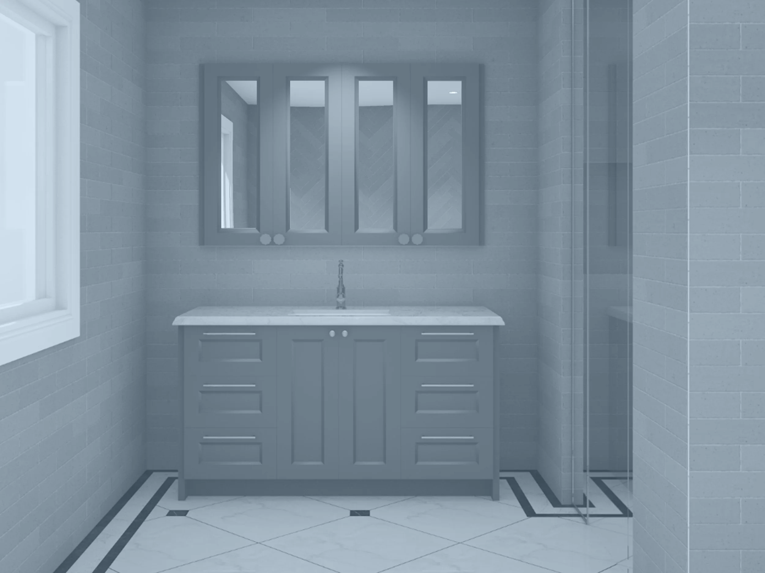 A modern bathroom with a grey vanity, a mirror with storage, a marble sink, and a glass shower enclosure.