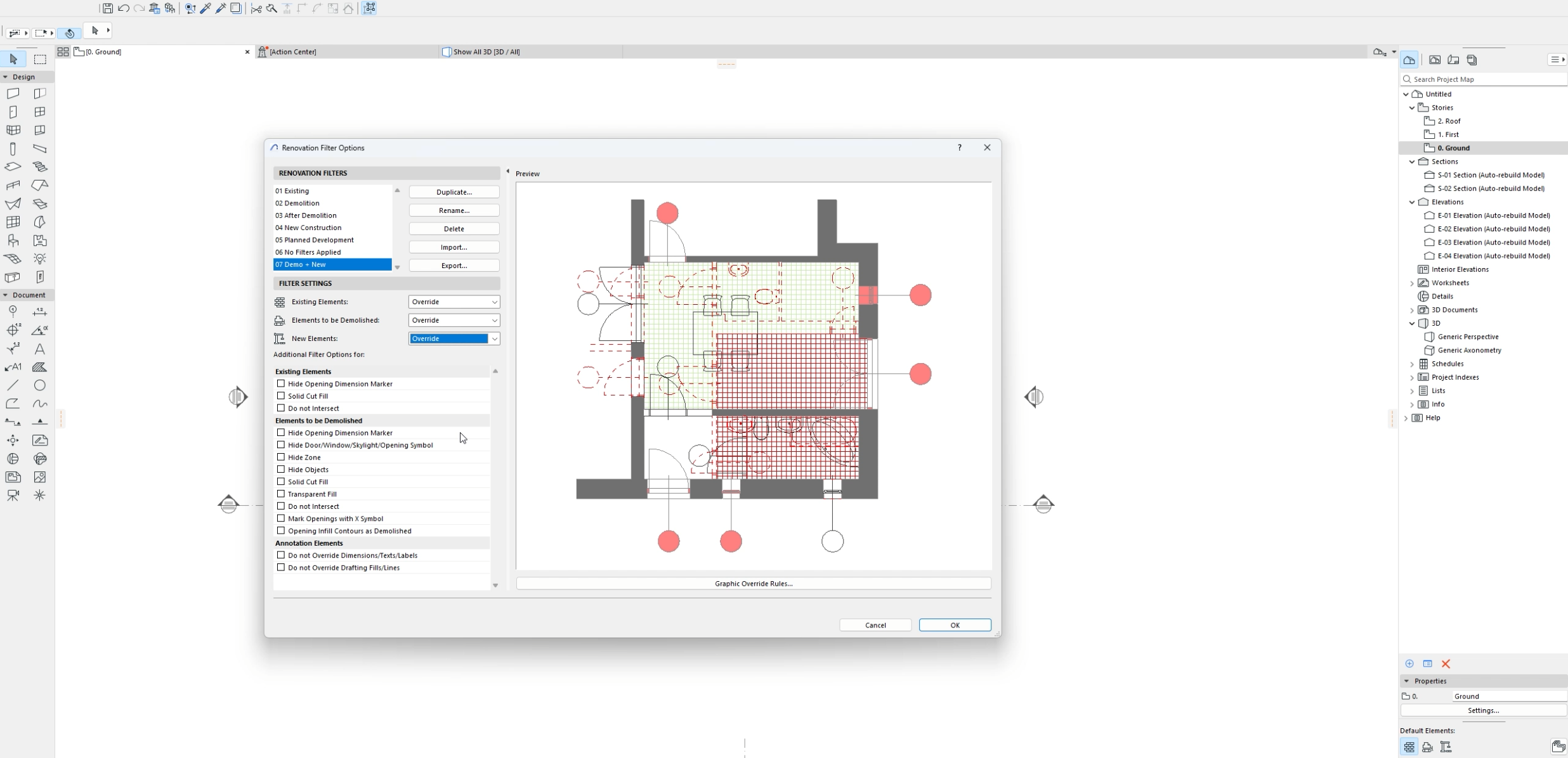 Screenshot of a building floor plan in a design software with a 'Renovation Filter Options' window open, showing various filtering options for existing and demolition elements, with some areas highlighted and marked.