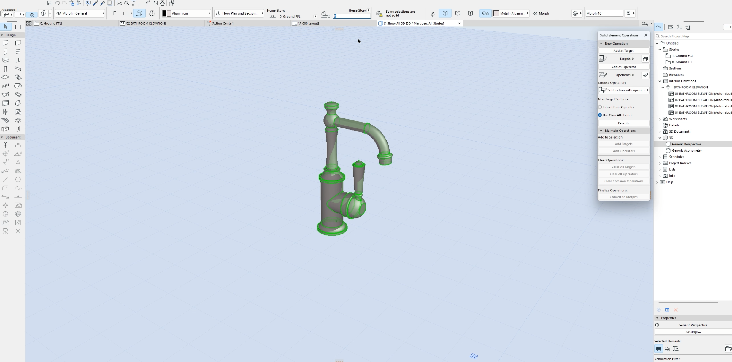 A 3D model of a kitchen sink faucet displayed in design software, with green outlines highlighting the fixture's parts.