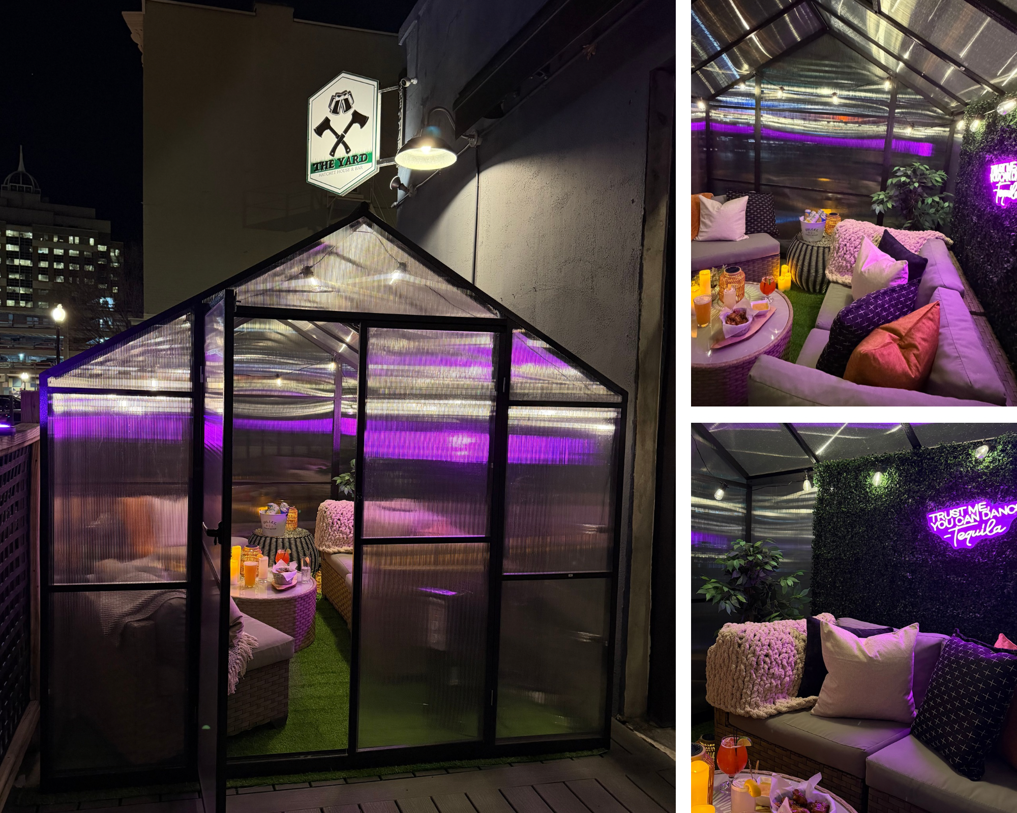 Greenhouse with neon signs and furniture