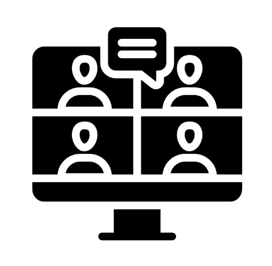 Icon of a virtual meeting on a computer screen with four people and a chat bubble.