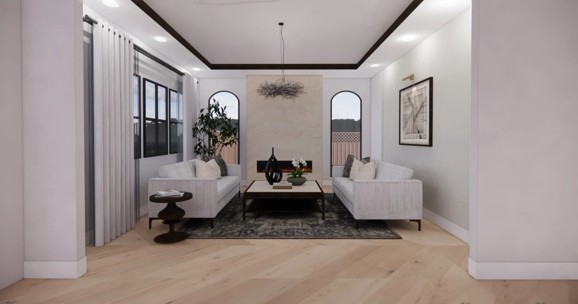 Living room with two white sofas, a black coffee table with vases and a flower pot, a painting on the wall, large windows with curtains, and a fireplace with a modern chandelier overhead.