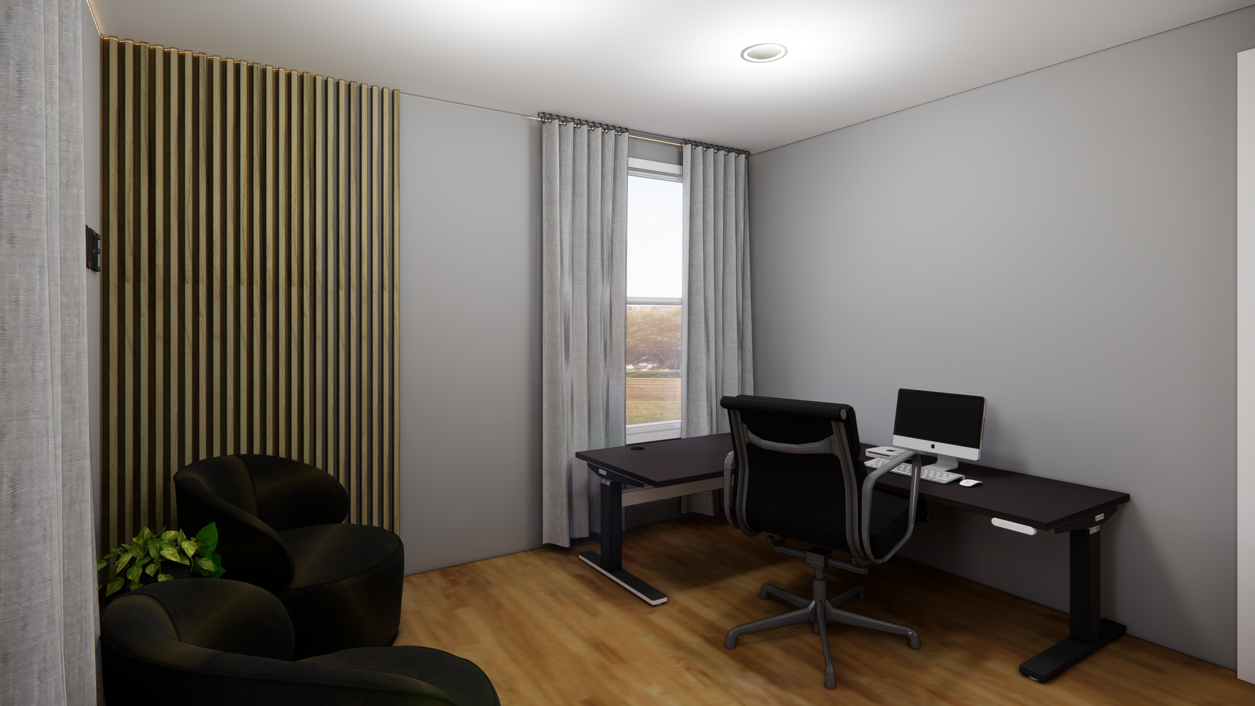 Modern office room with a desk, computer, black office chair, black lounge chairs, a window with gray curtains, and a wooden accent wall.