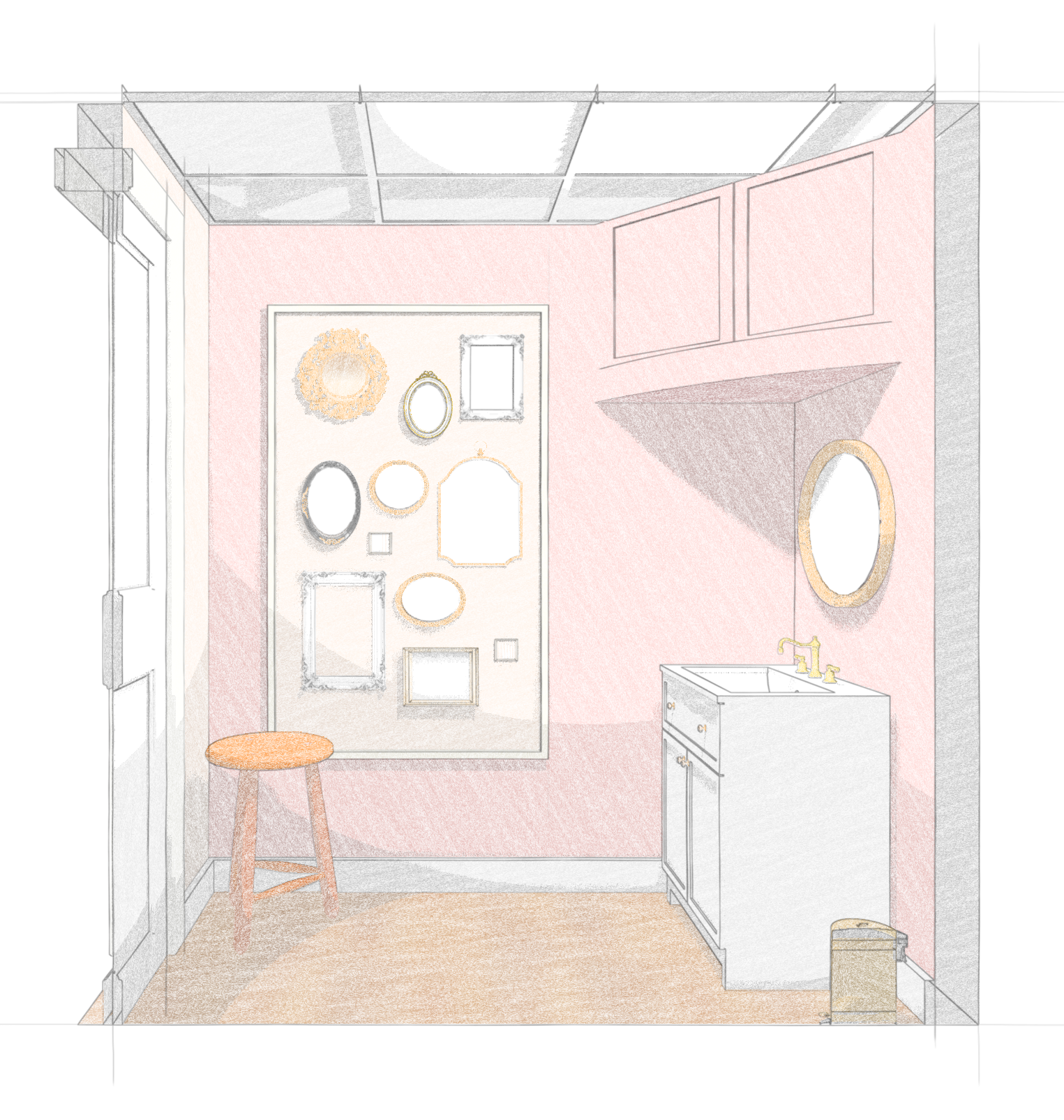 Sketch of a small bathroom with pink walls, a mirror, multiple picture frames, a small sink cabinet with a gold faucet, and a stool.