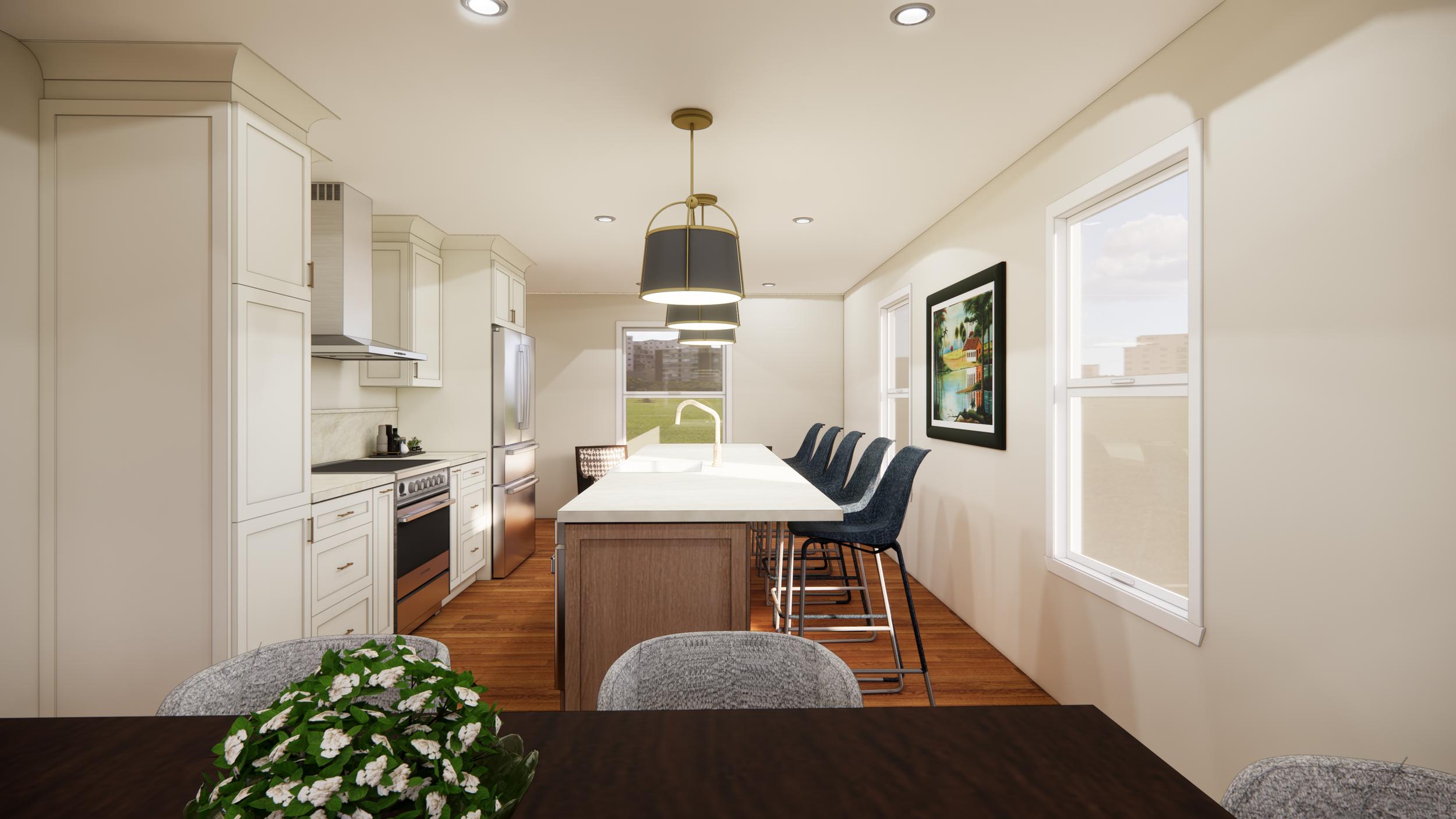 Kitchen with white cabinets, a central island with a white countertop, four black barstools, and a window showing a grassy outdoor area.