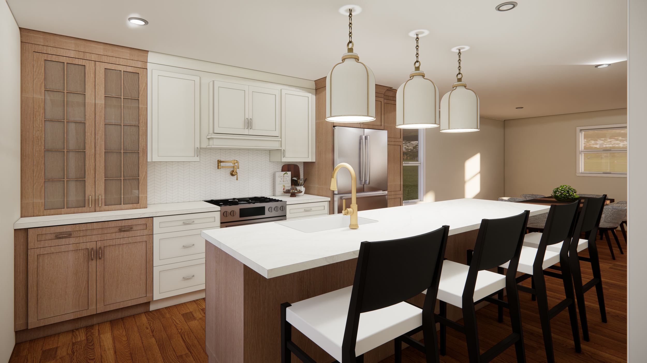 Modern kitchen with white and wood cabinets, stainless steel refrigerator, and a large white island with black chairs, pendant lights, and hardwood floors.