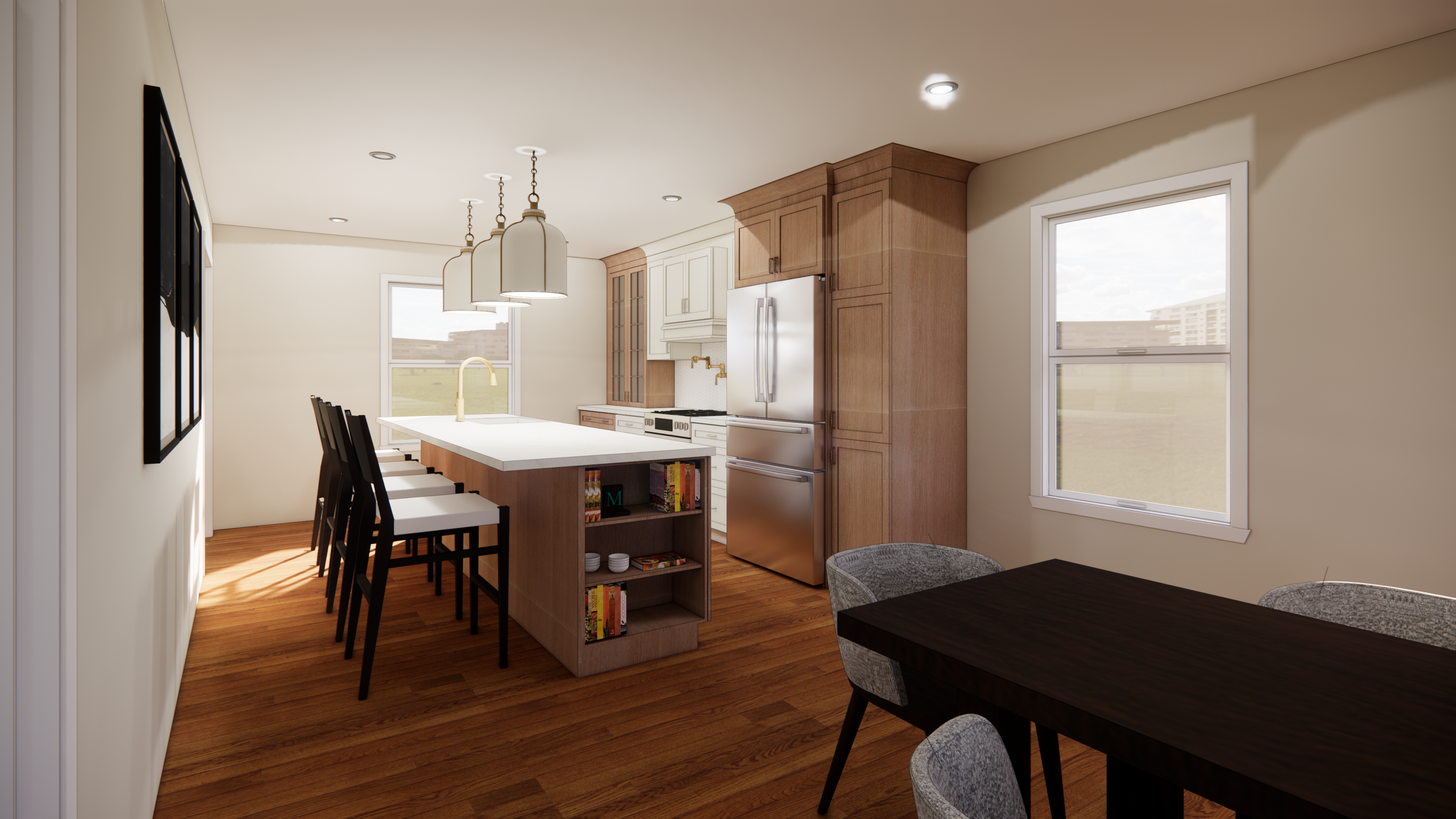 Modern kitchen with white cabinets, stainless steel refrigerator, wooden accents, island with bookshelves, and dining area with dark table and gray chairs, sunlight through windows.