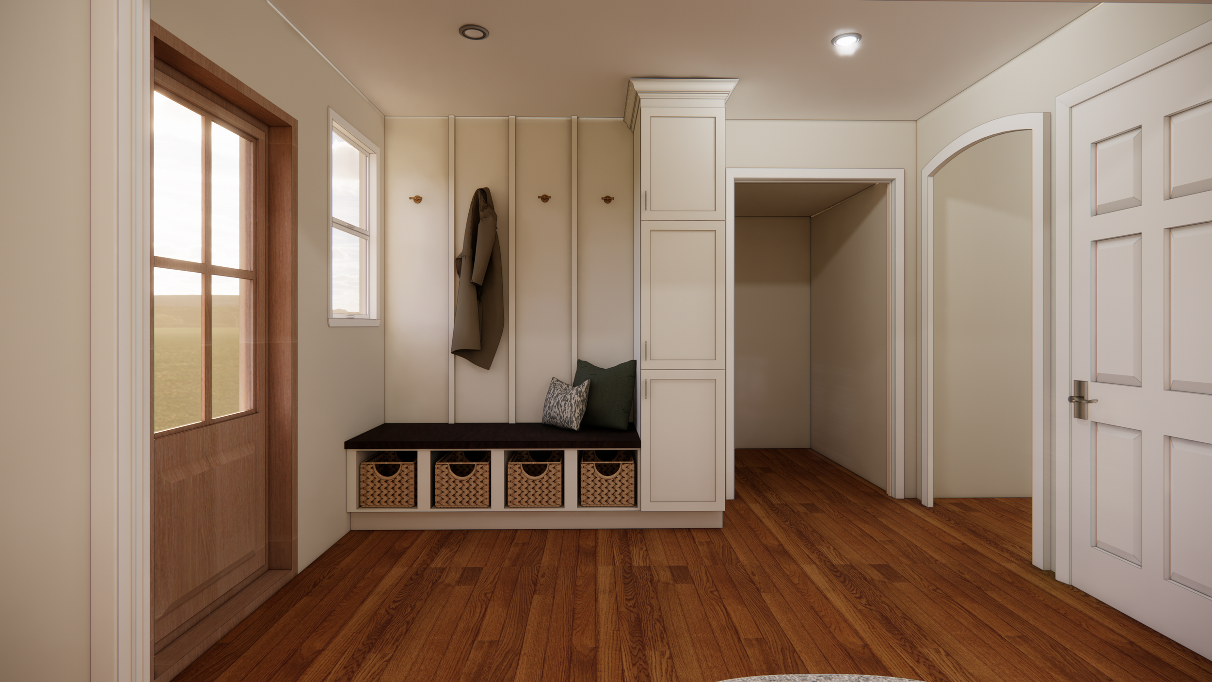 Interior of a room with wooden floor, cream walls, a window and a door to the outside, and built-in storage with hooks, pillows, and baskets.