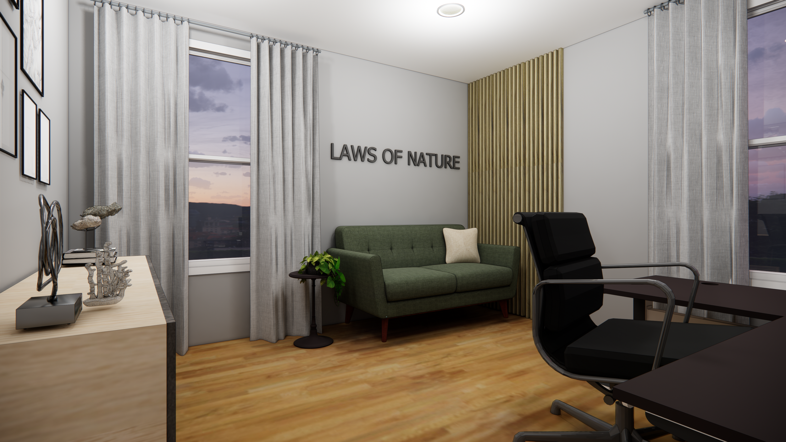 Interior of an office with a green couch, a black office chair, artwork on the wall, a wooden desk, and large windows showing a sunset sky, with the phrase "LAWS OF NATURE" on the wall.
