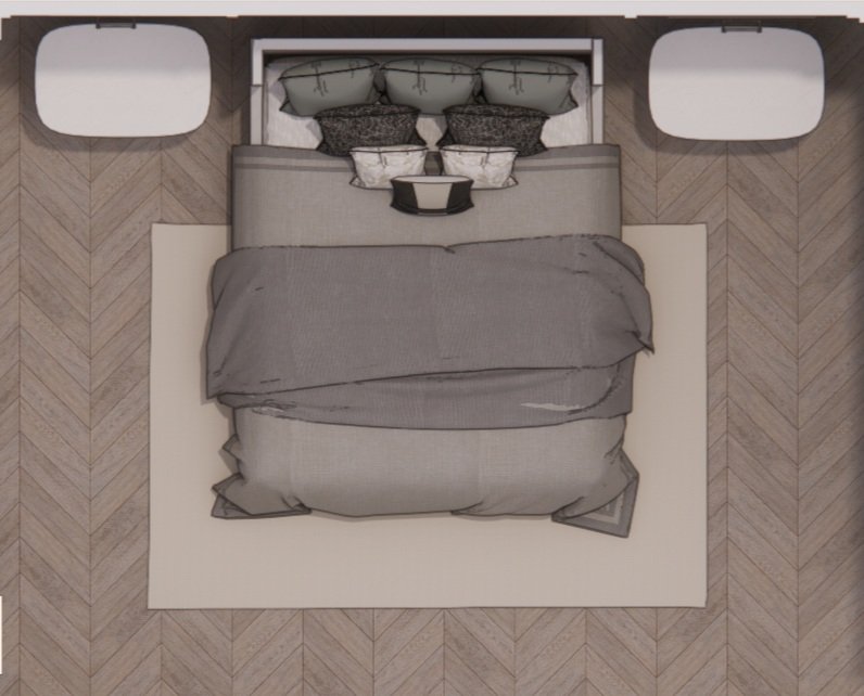 Top-down view of a neatly made bed with gray bedding and multiple pillows, flanked by two nightstands with lamps, on a light-colored area rug and wooden floor.