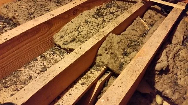 Wooden floor framing with insulation material and debris scattered within the beams.