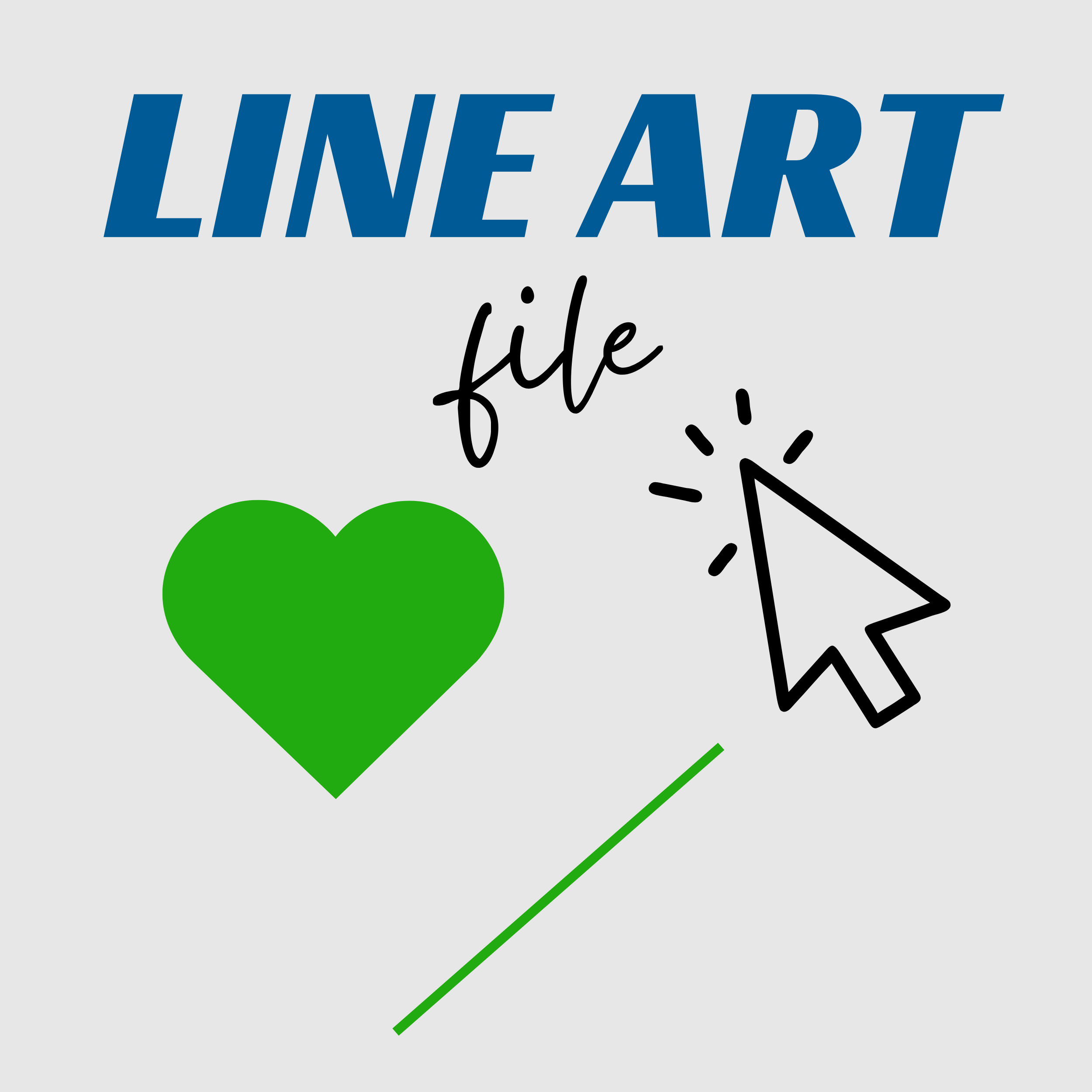 Design with the text 'LINE ART file' in large blue and black fonts, featuring a green heart and a black outline drawing of a cursor pointer.