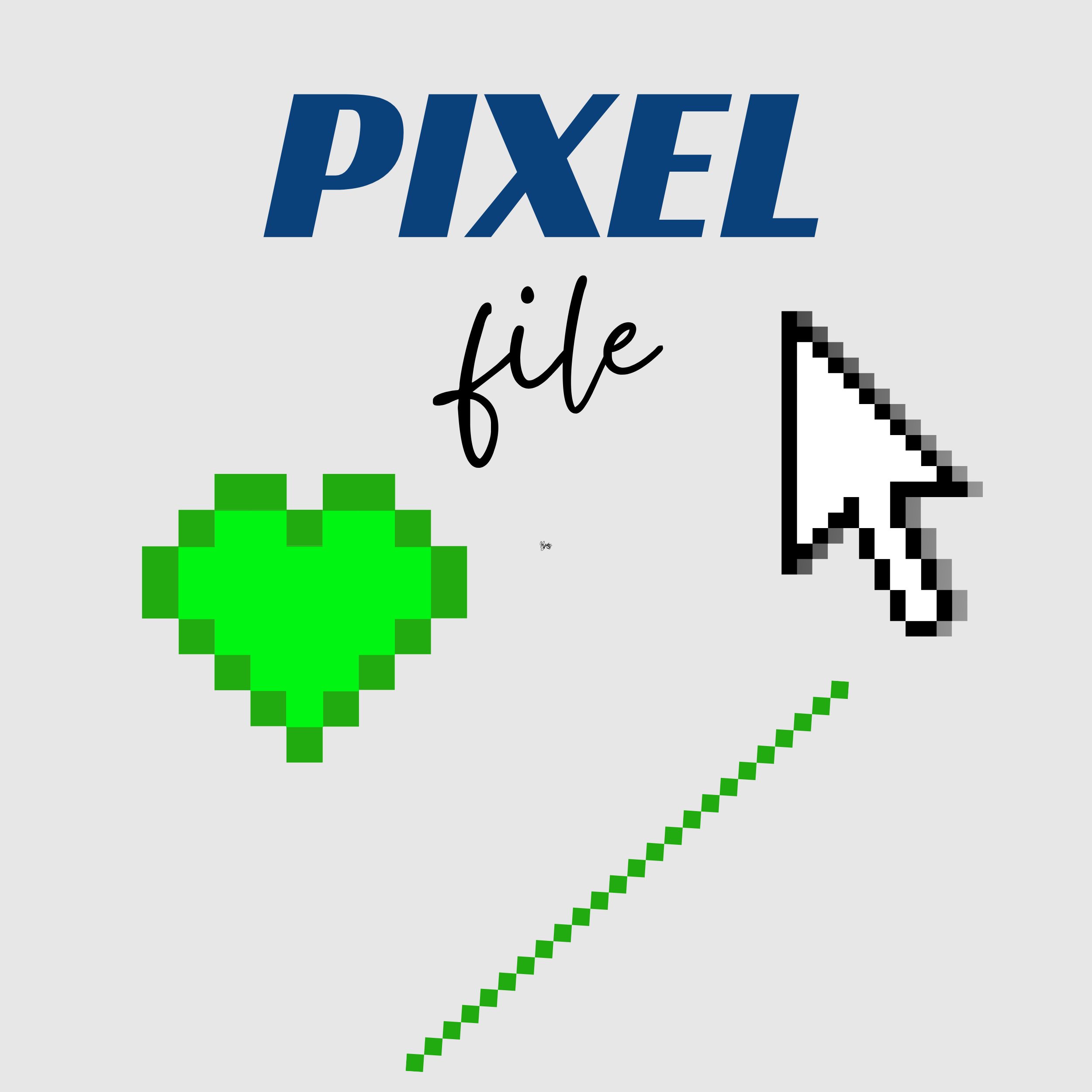 A graphic design featuring the words 'PIXEL file', with 'PIXEL' in large blue uppercase letters, 'file' in black cursive, a green pixelated heart, and a large pixelated computer mouse cursor.