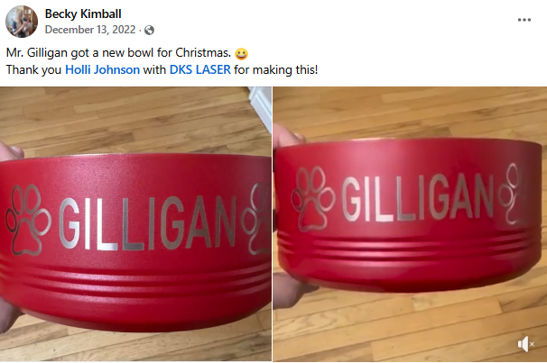 A red ceramic bowl with the word "GILLIGAN" and a paw print logo laser engraved on the side, being held in two different angles, on a wooden floor background.