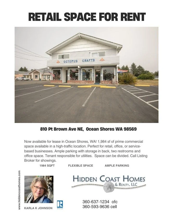 Hard to find! Retail space for lease in Ocean Shores WA. 1,984sf Call to schedule a showing! 360-637-1234
#beachlife #oceanshoreswa #retail #graysharbor #pnw #forlease