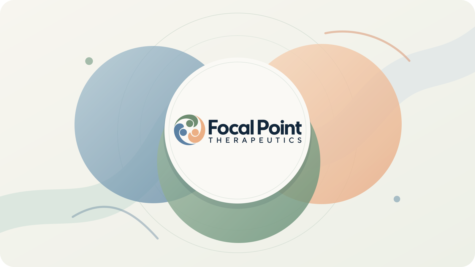 Overlapping sage, blue, and peach shapes surrounding the Focal Point Therapeutics logo.