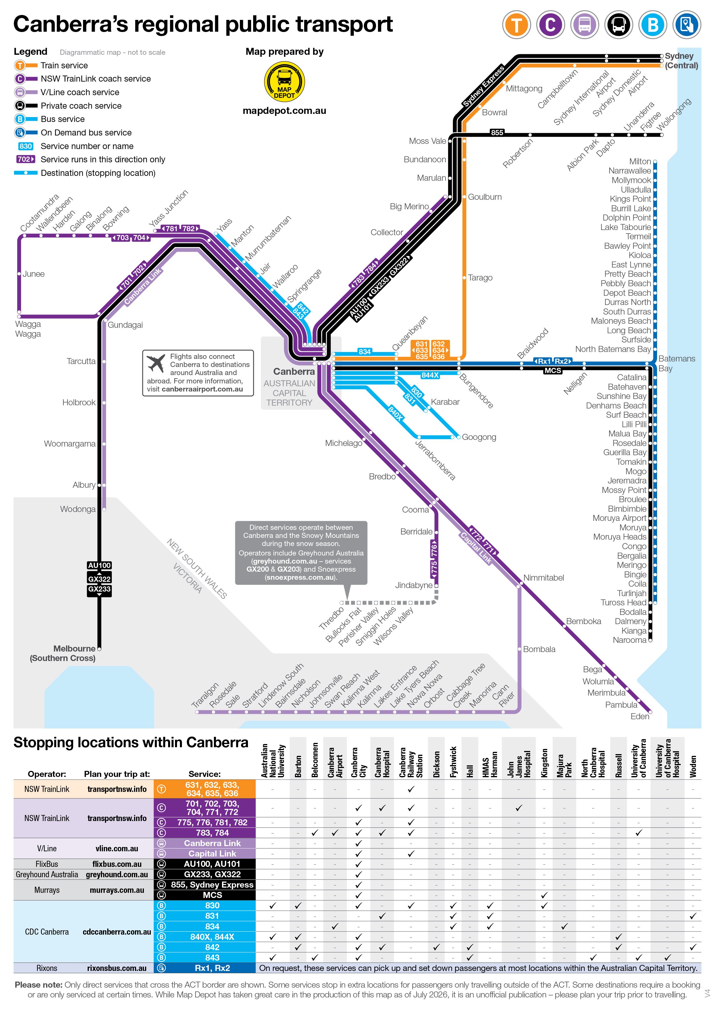 Regional transport map for the Public Transport Association of Canberra.