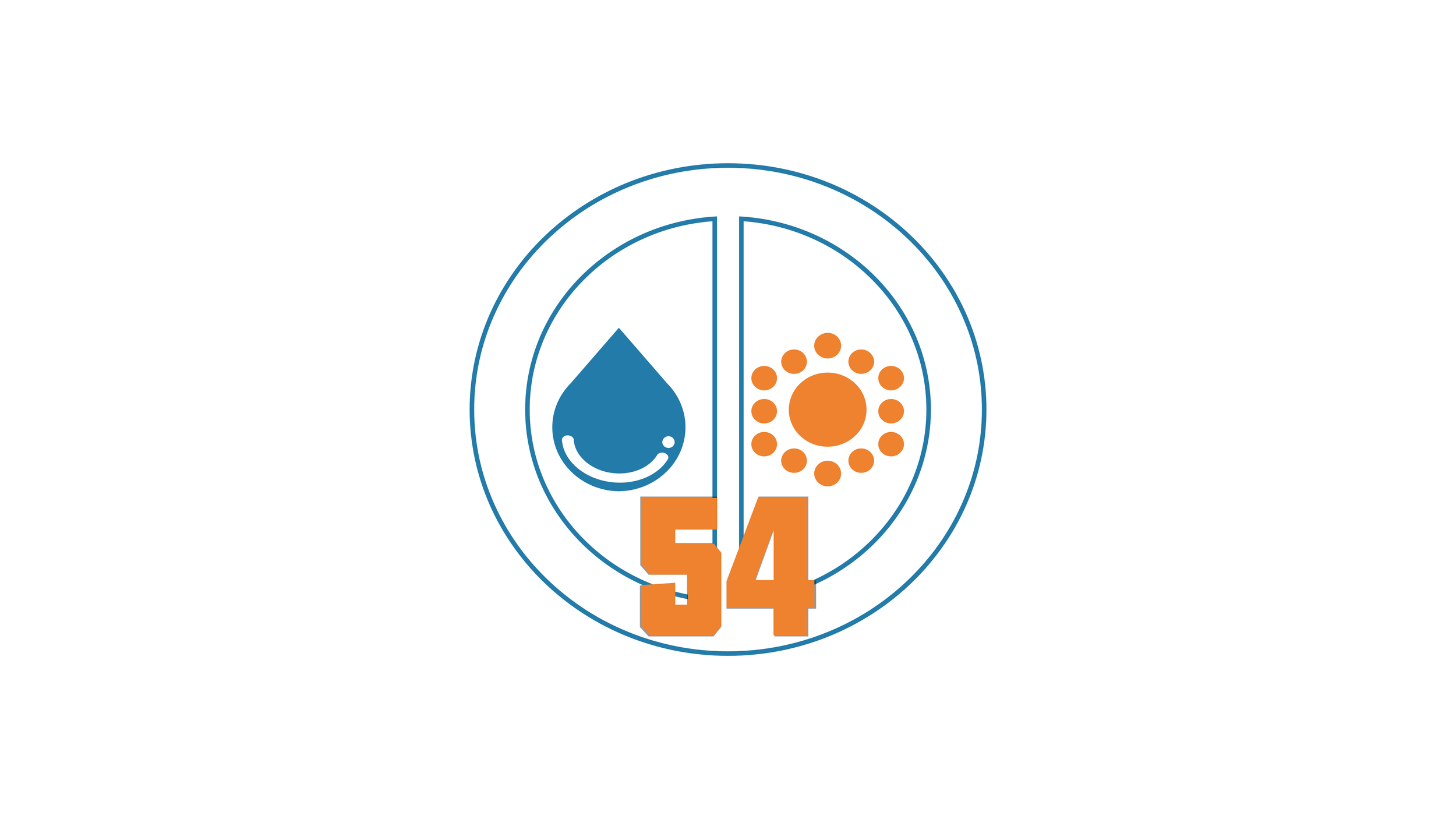 A graphic illustrating the concept of water and virus contamination, with water droplet and virus icons separated by a line, and the number 54 in bold orange below.