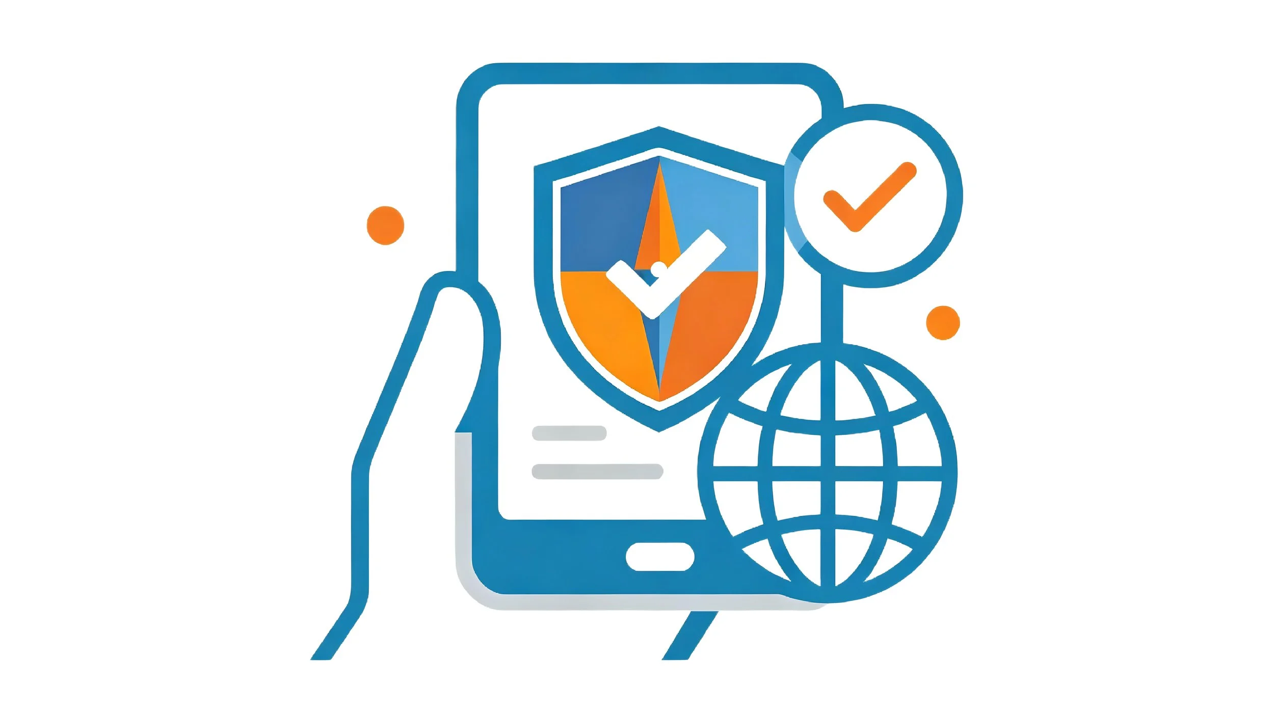Line drawing of a smartphone with security shield and check mark, globe, and magnifying glass with check mark, symbolizing online security and global protection.