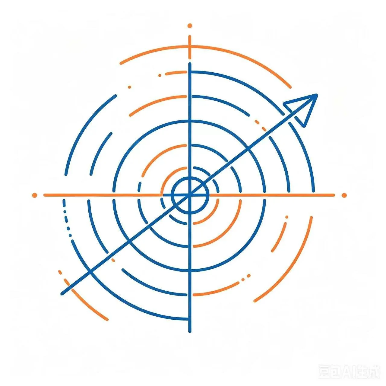 A radar chart with orange and blue concentric circles and lines, featuring an arrow pointing outward from the center.