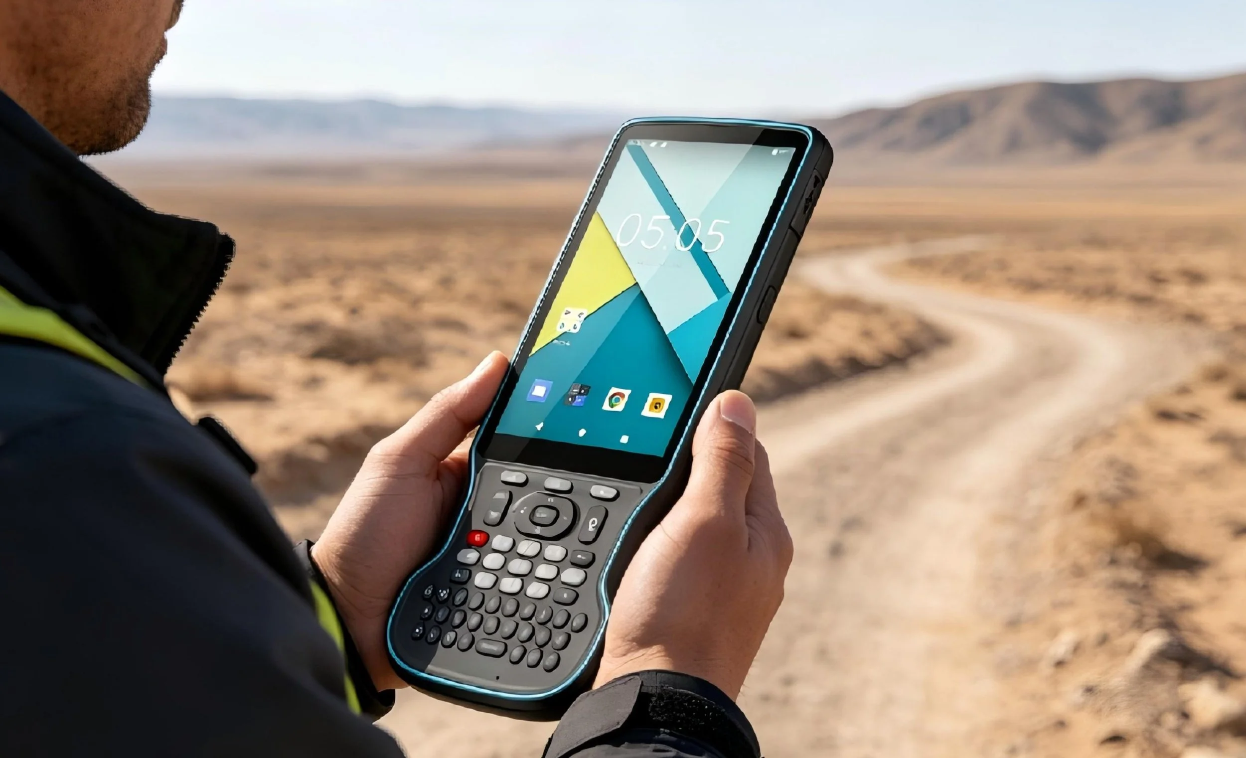 Person holding an outdoor mobile phone with a physical keypad, in a desert landscape with mountains in the background.