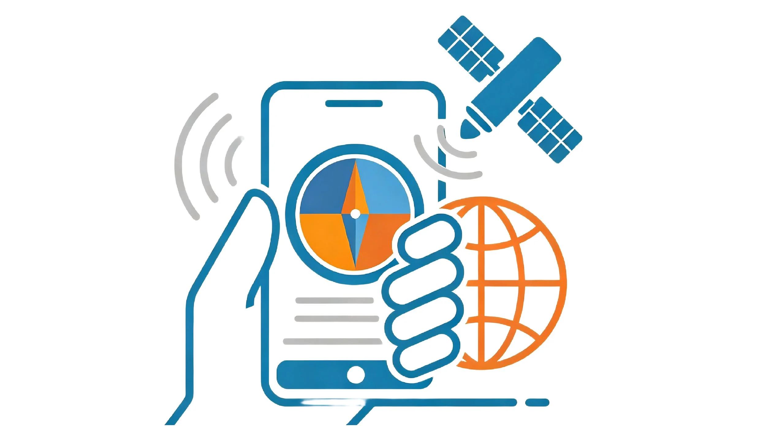 A digital illustration featuring a smartphone, a satellite, a globe, and a compass.