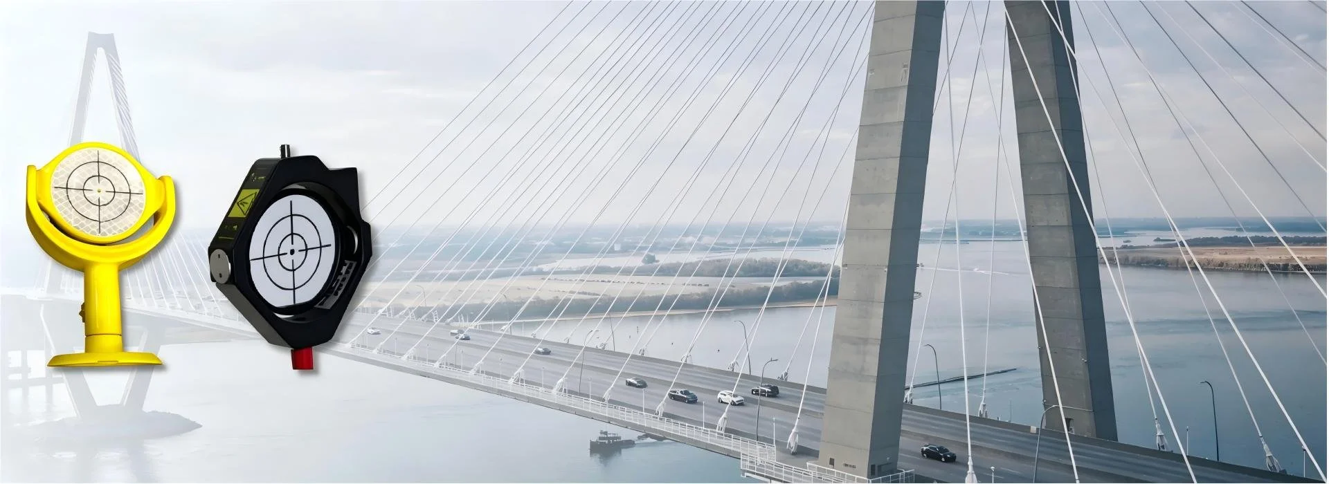Image of two laser gun sights, one yellow and one black, with a bridge and river in the background.