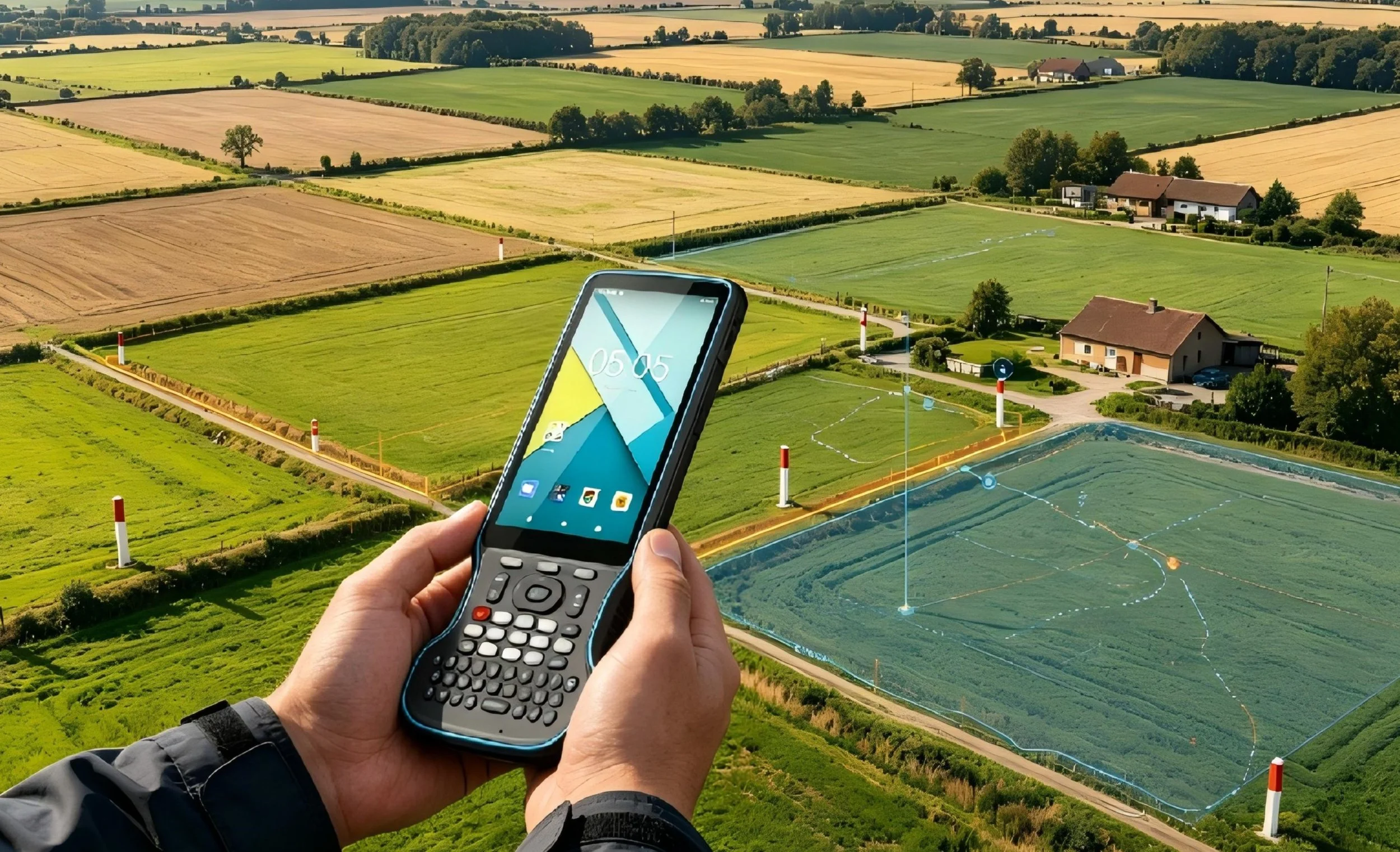 A person holding a cellphone with a mapping app over a rural landscape with multiple fields, houses, and trees, and a digital overlay showing maps and lines.