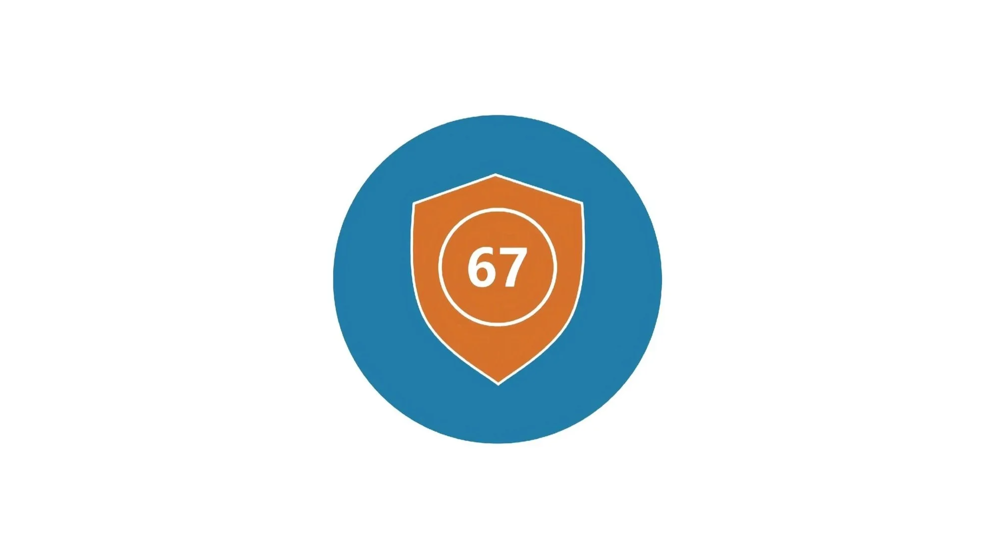 A shield and circular badge with the number 67 inside, set against a blue circle background.