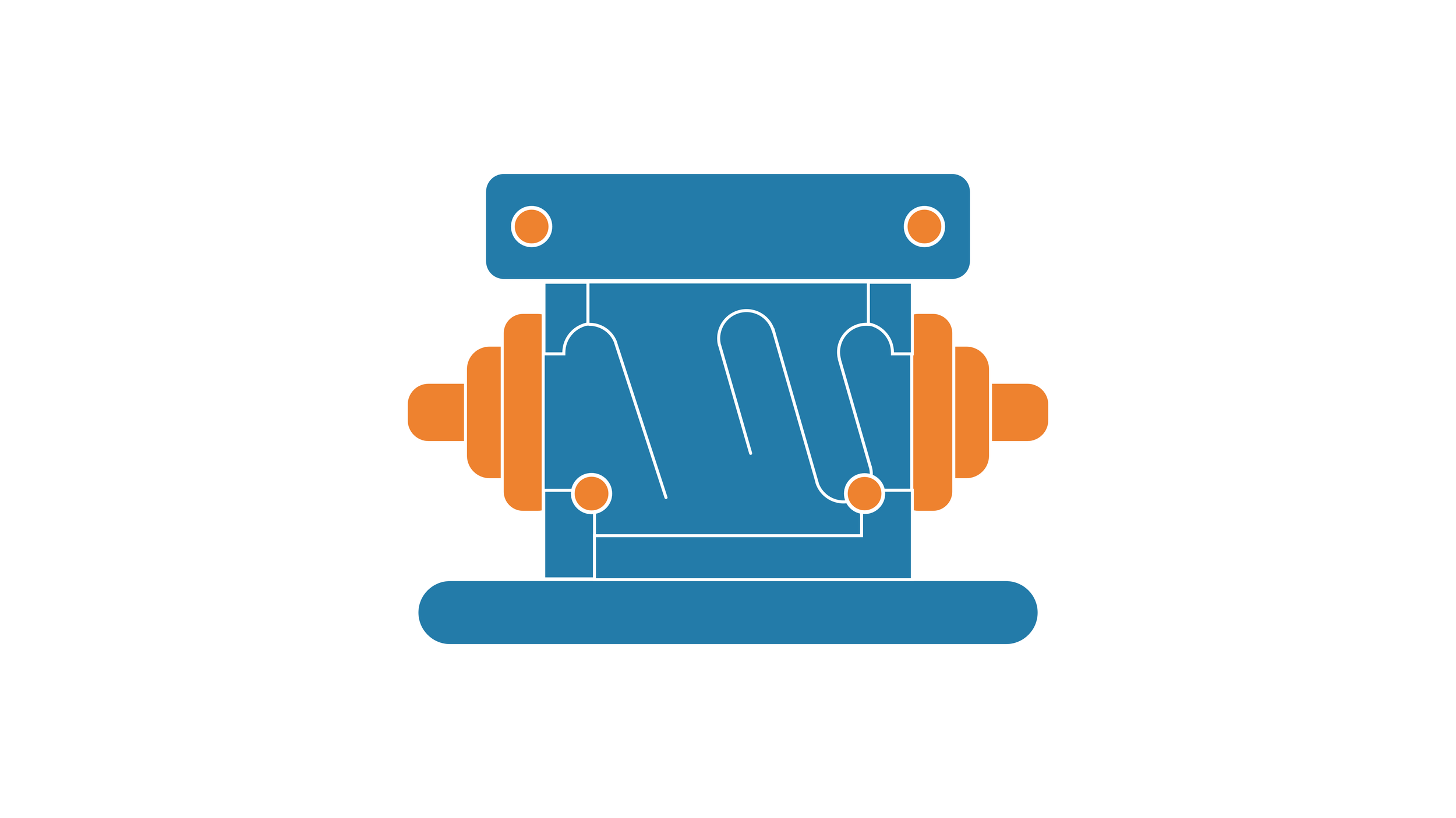 Stylized illustration of an electronic component, possibly a transistor or integrated circuit, with blue and orange colors and simplified geometric shapes.