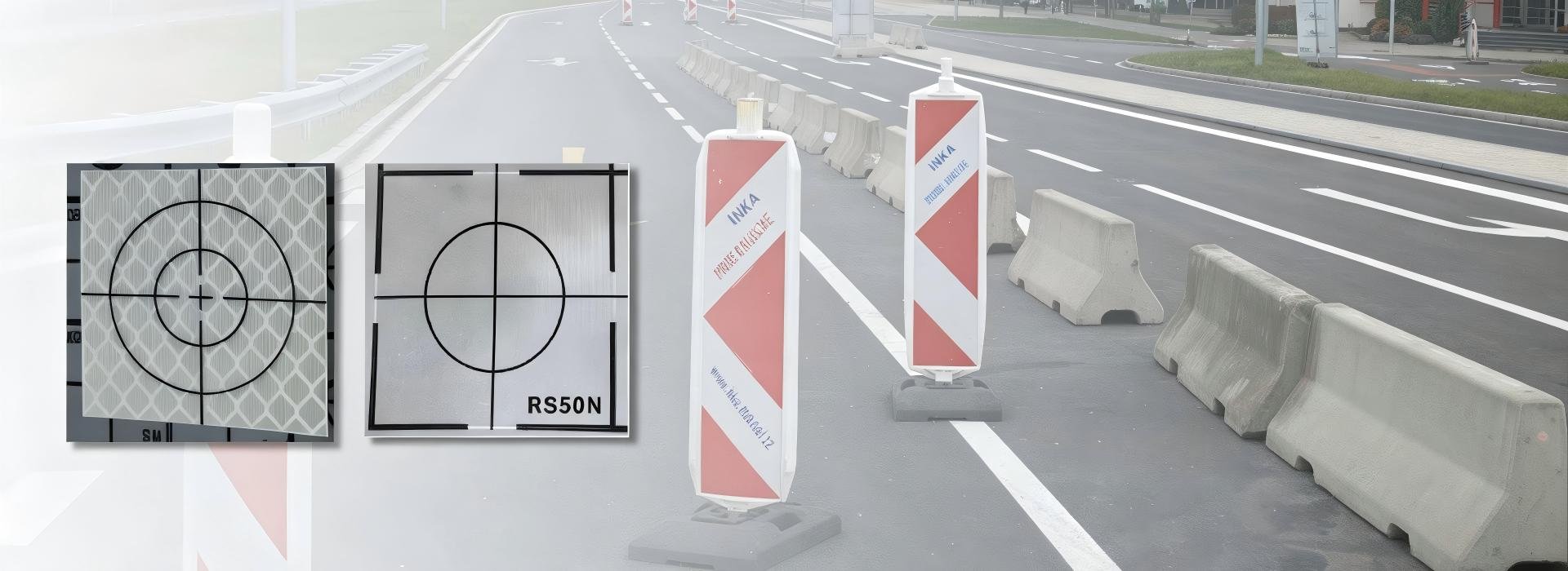 Construction site on a road with plastic barriers, traffic cones, and two target practice targets.
