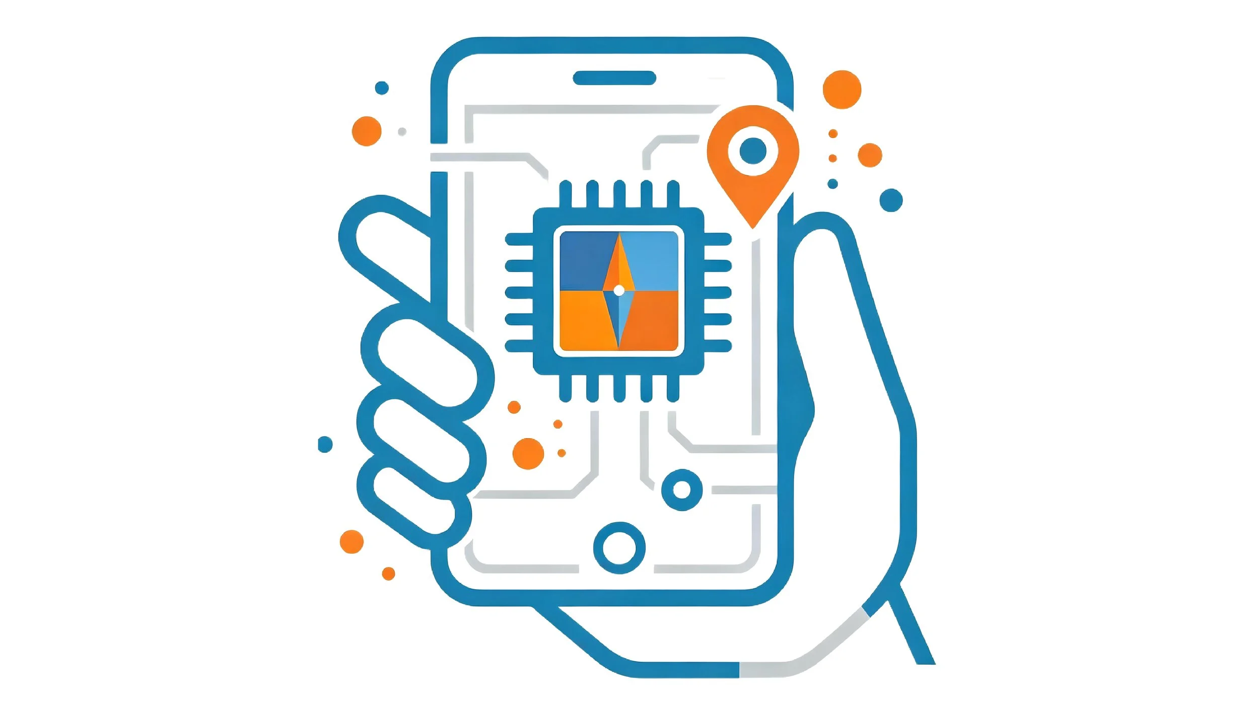 Outline of a hand holding a smartphone with graphics representing technology, including a circuit chip, location pin, and abstract lines.