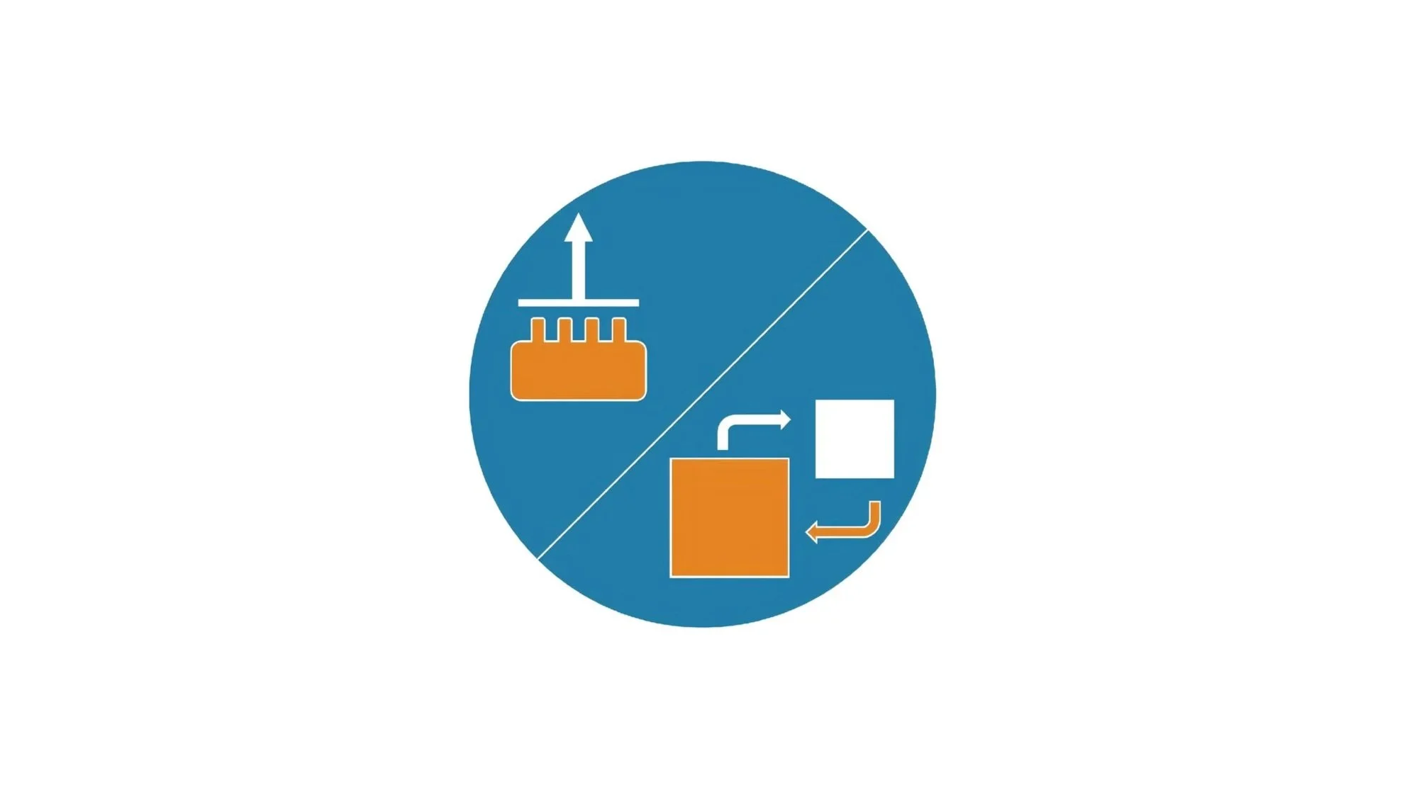 Diagram illustrating two processes: one of assembling a product with a machine, and the other of disassembling or recycling with a recycling symbol.