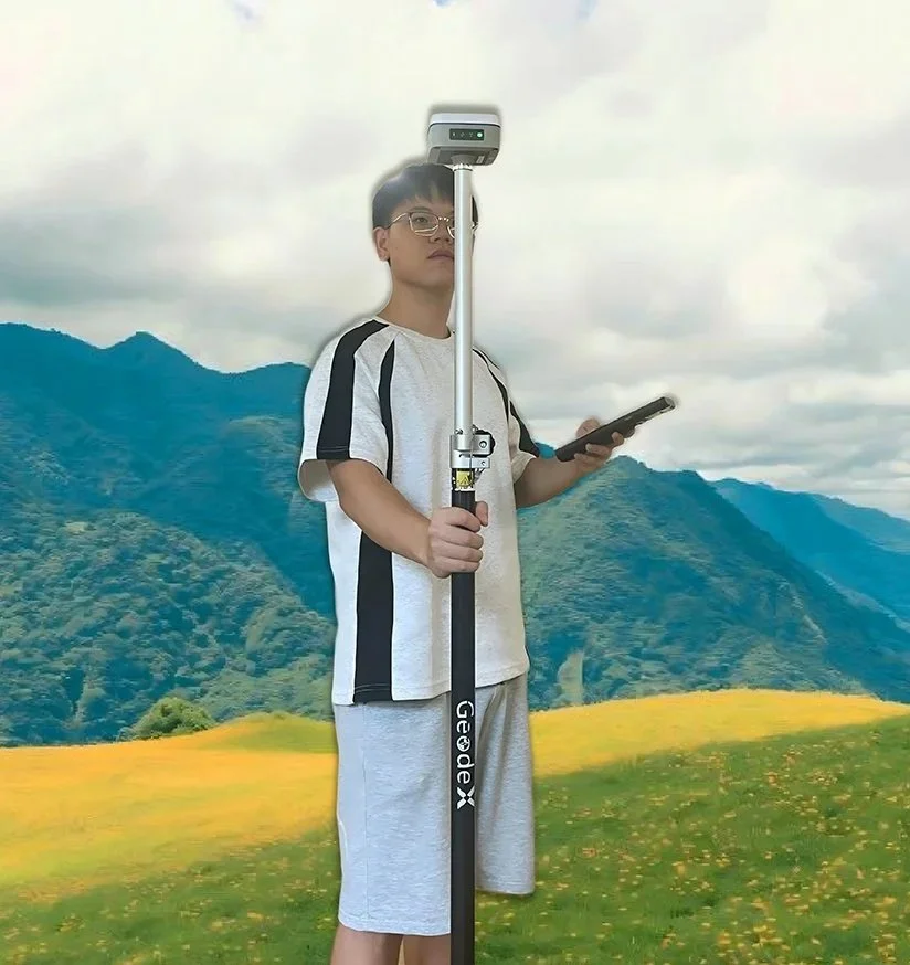 A young man with glasses standing outdoors in front of a mountain landscape, holding a pole with a device attached to its top and looking at a device in his hand.