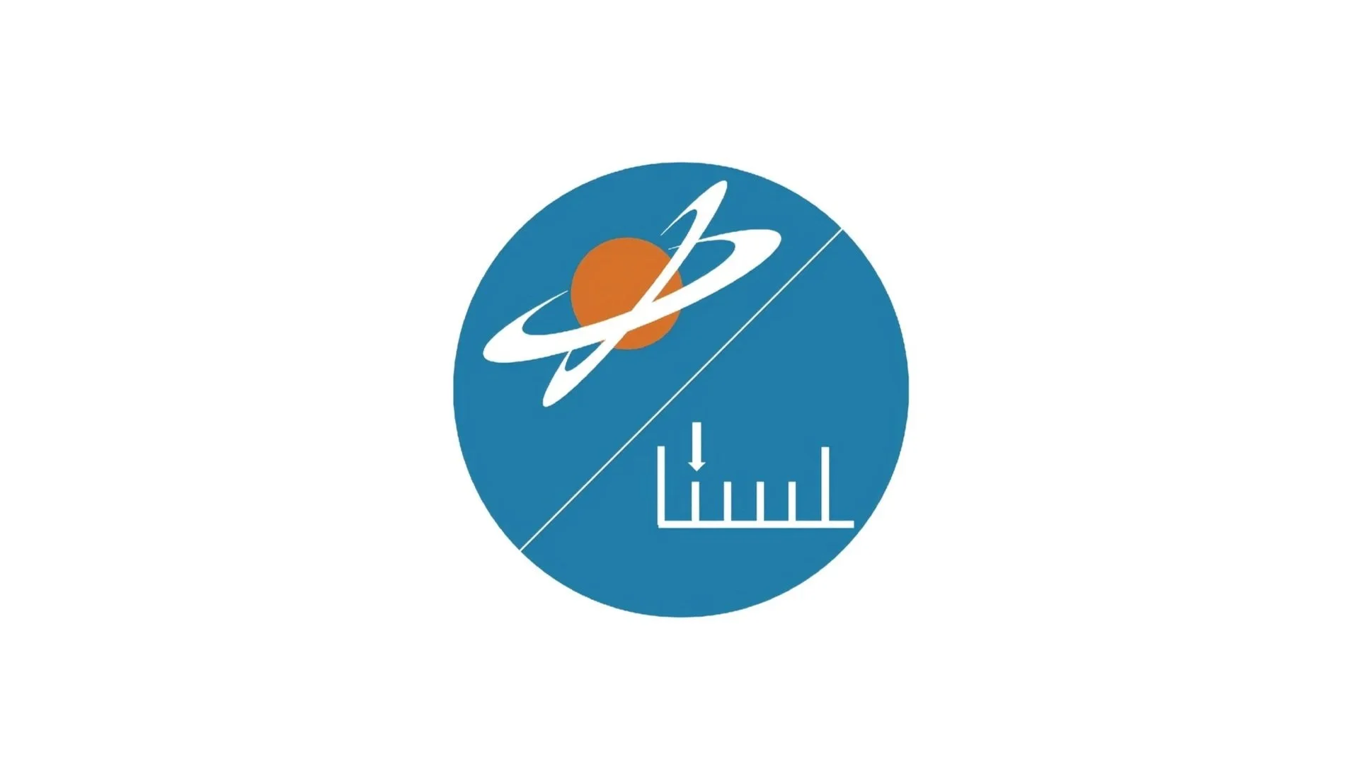 Logo with a stylized planet with rings, a solar disc, and a graph icon with bars and an arrow, divided diagonally.