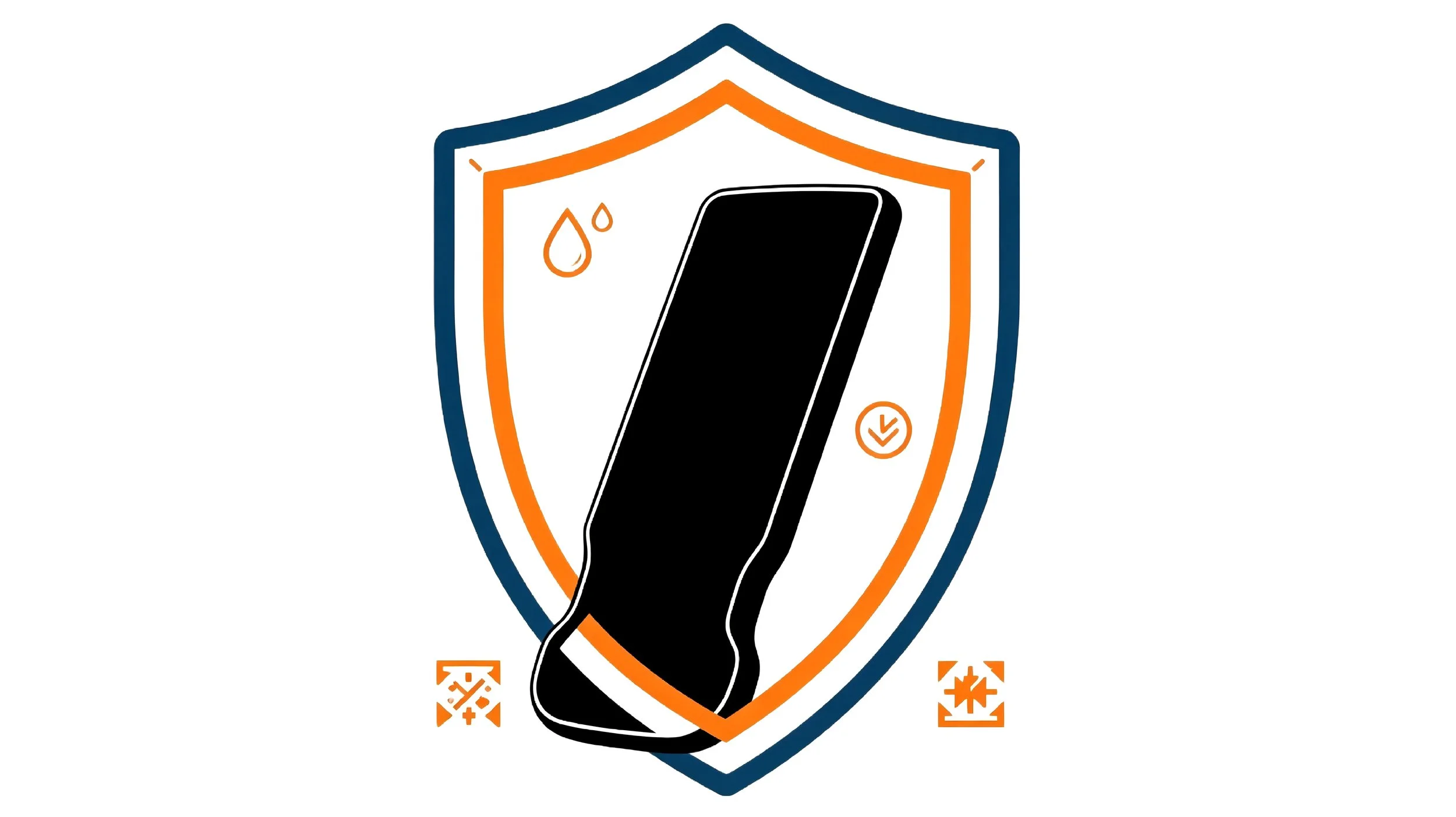 A shield-shaped graphic with a black object in the center, drops of liquid and an arrow pointing downward, surrounded by a blue and orange outline, with small orange icons indicating weather and protection features.